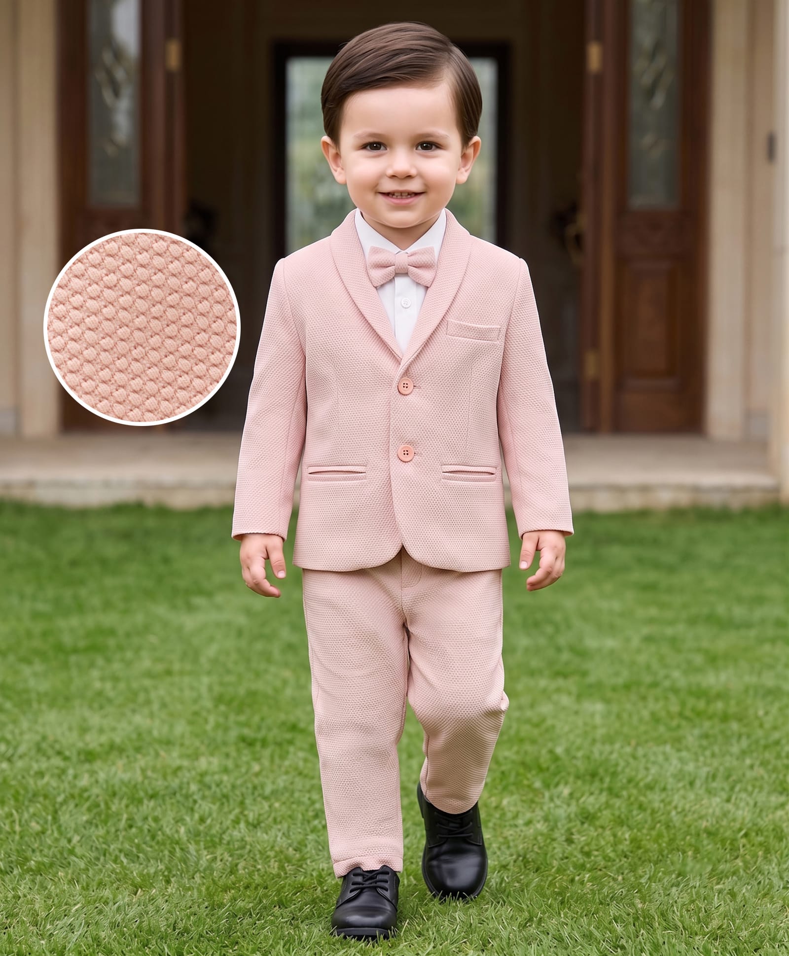 Babyhug Knit Full Sleeves Stretchable Solid 3 Piece Party Suit With Bow - Light Peach-image-36