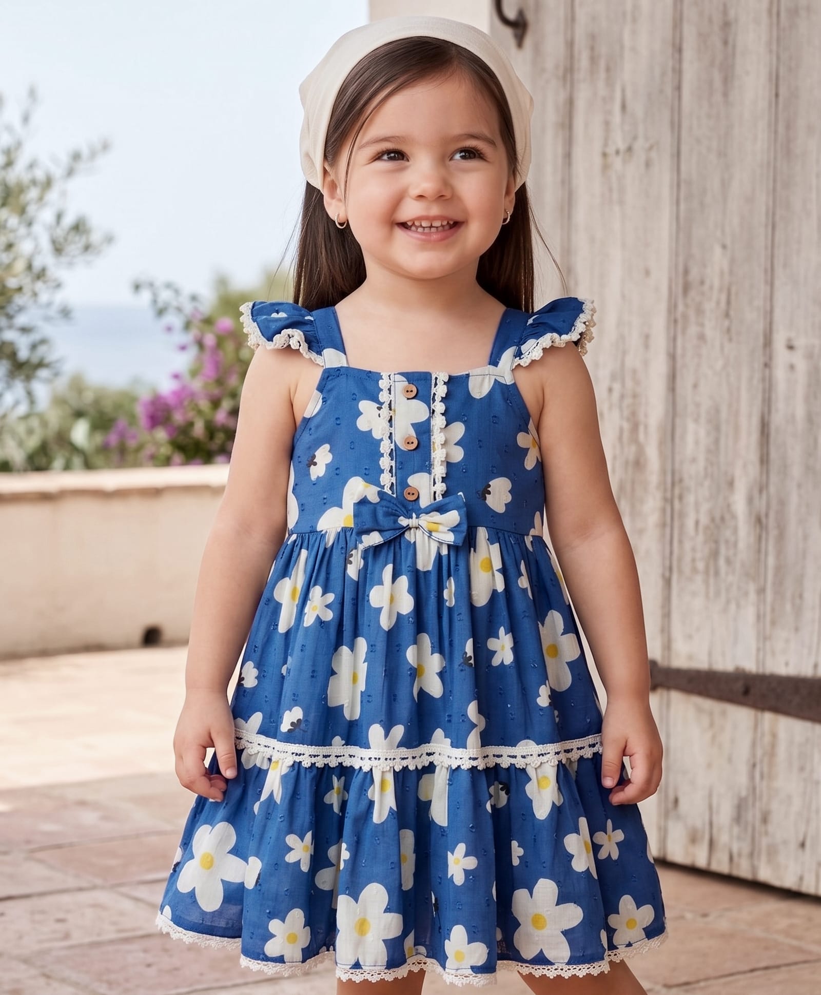 Babyhug Cotton Woven One Piece Dresses/Frocks with Ruffled Shoulder Straps and Floral Print Blue 2-3 Years-image-1