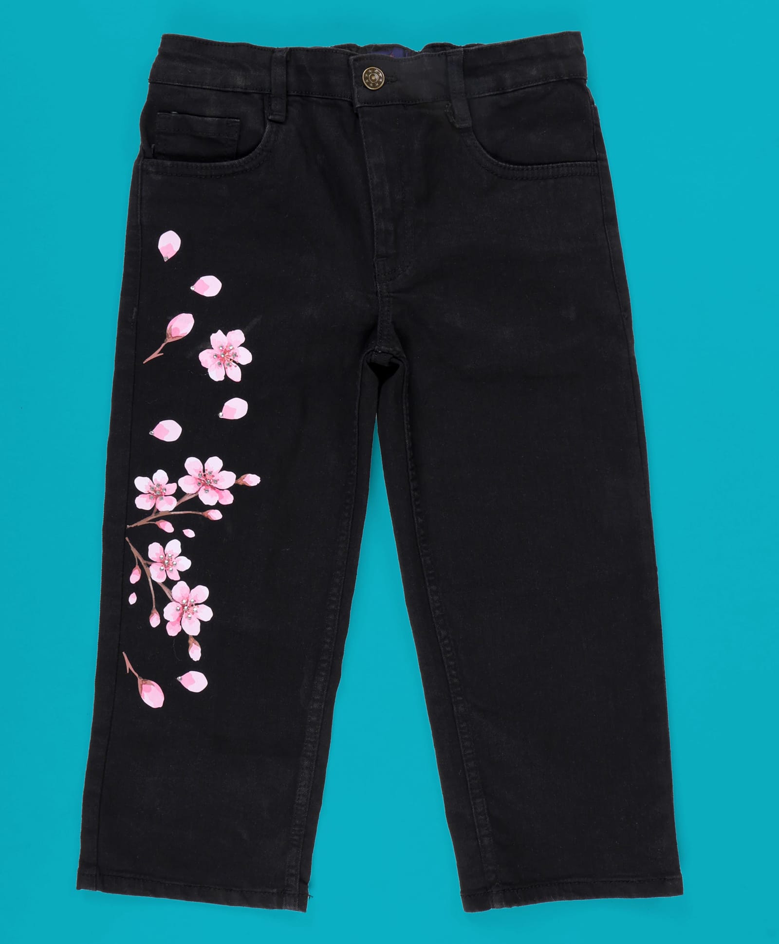Kiddopanti Denim Woven Floral Printed Jeans - Black-picture-18