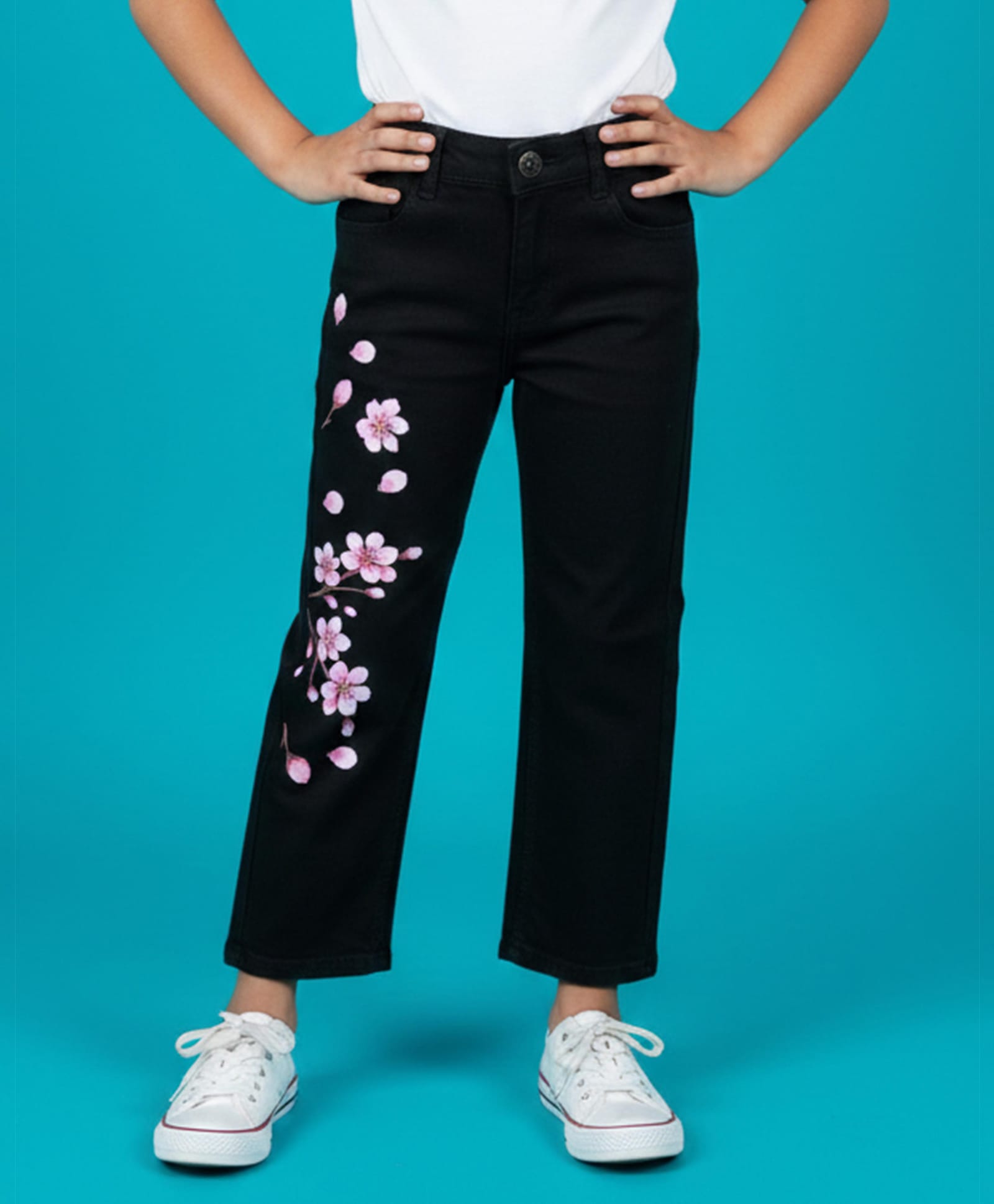Kiddopanti Denim Woven Floral Printed Jeans - Black-picture-26