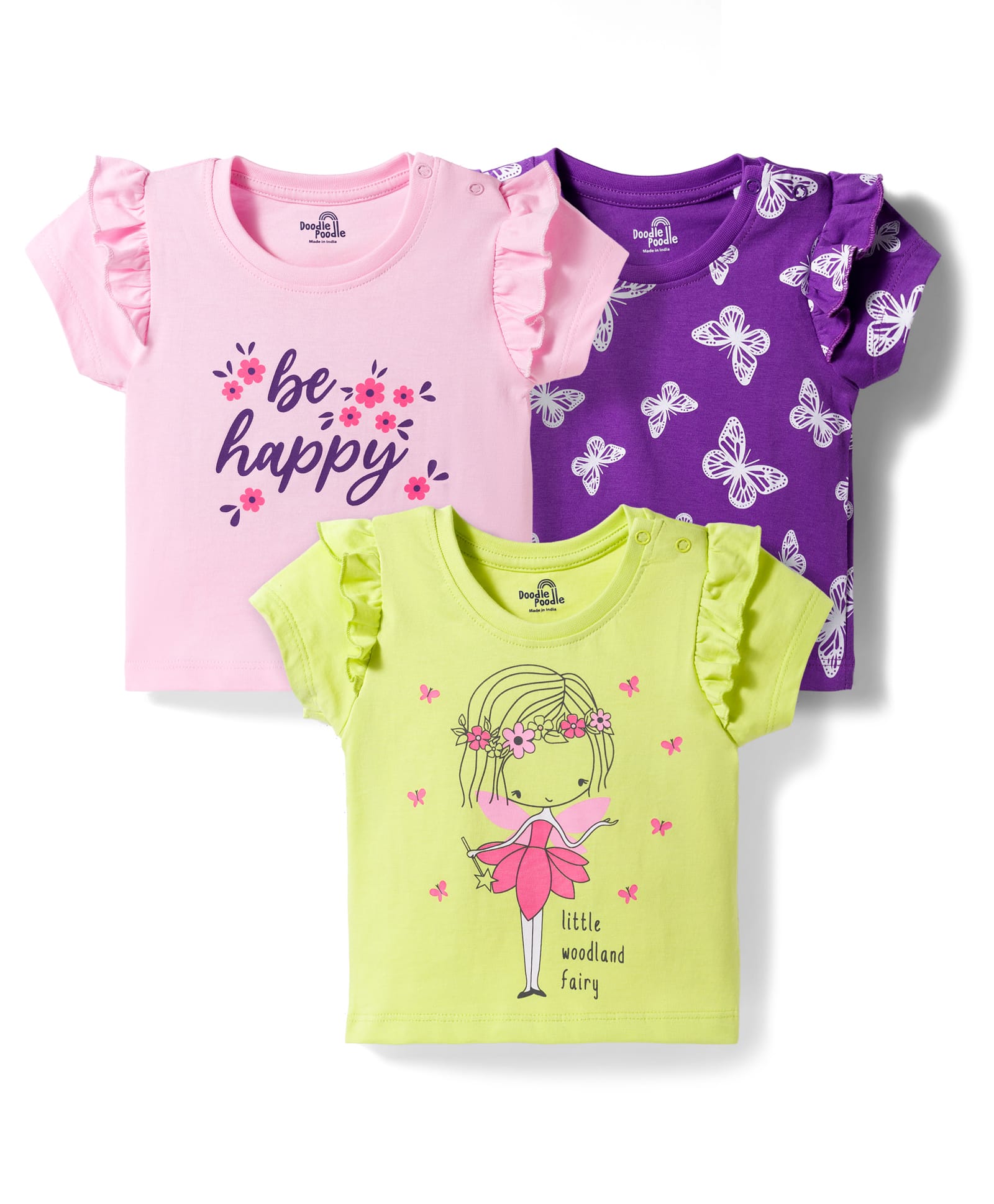 Doodle Poodle 100% Cotton Single Jersey Knit Half Sleeves Printed Tops Pack of 3 - Violet Limegreen & Pink-image-29