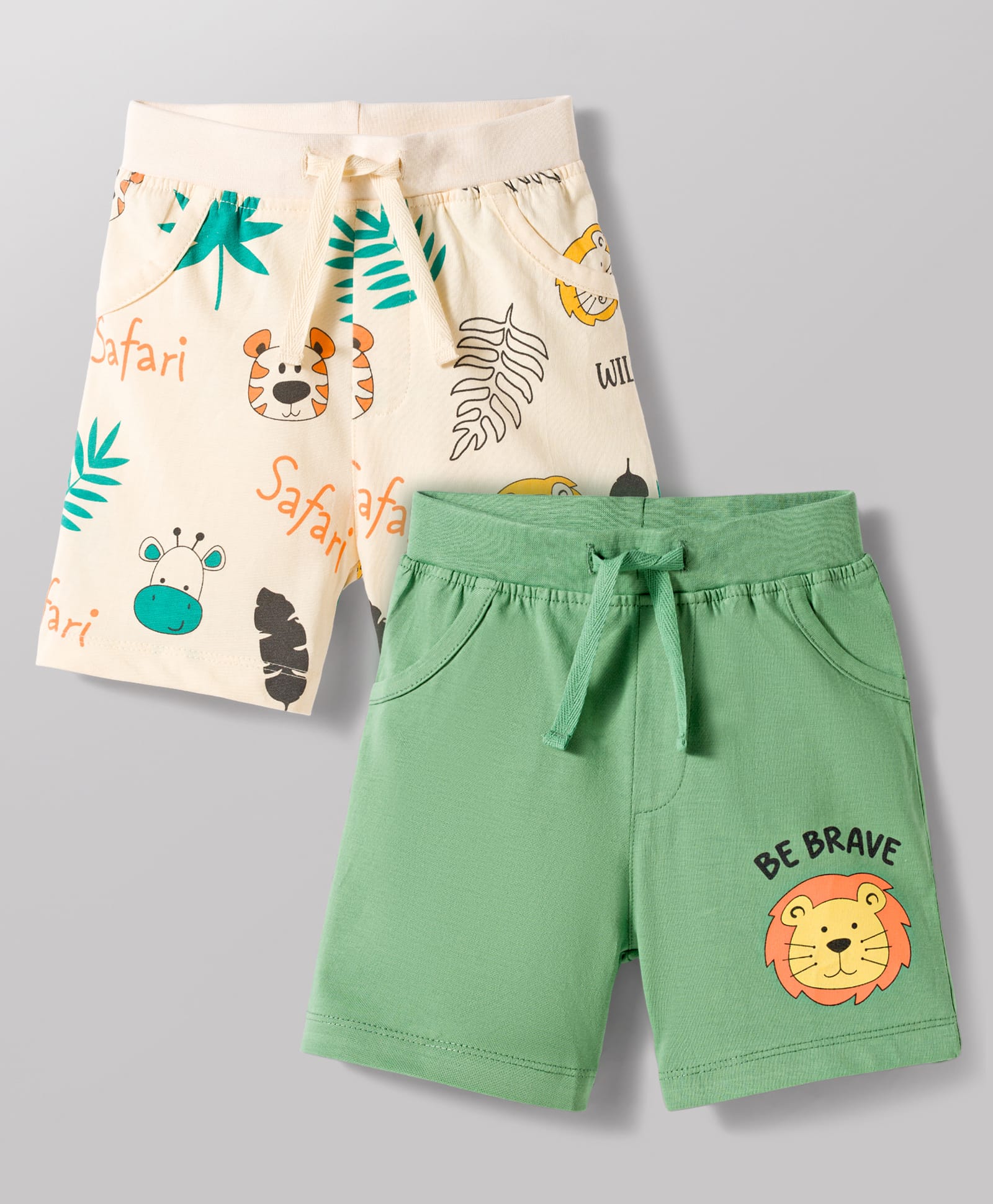 Doodle Poodle 100% Cotton Knit Knee Length Safari Theme Printed Shorts Pack Of 2 - Light Peach & Green-image-6