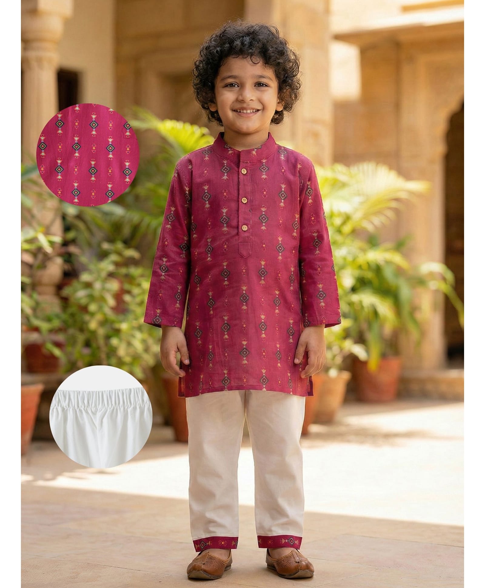 Desi Soota Cotton Woven Full Sleeves Geometric Printed Kurta & Pyjama Set - Red-image-49