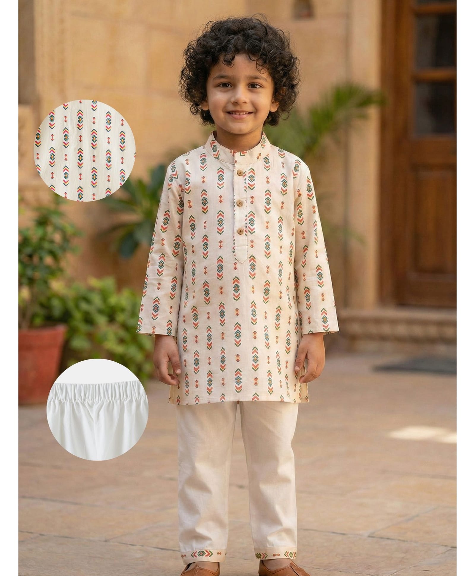 Desi Soota Cotton Woven Full Sleeves Geometric Printed Kurta & Pyjama Set - Cream-image-23