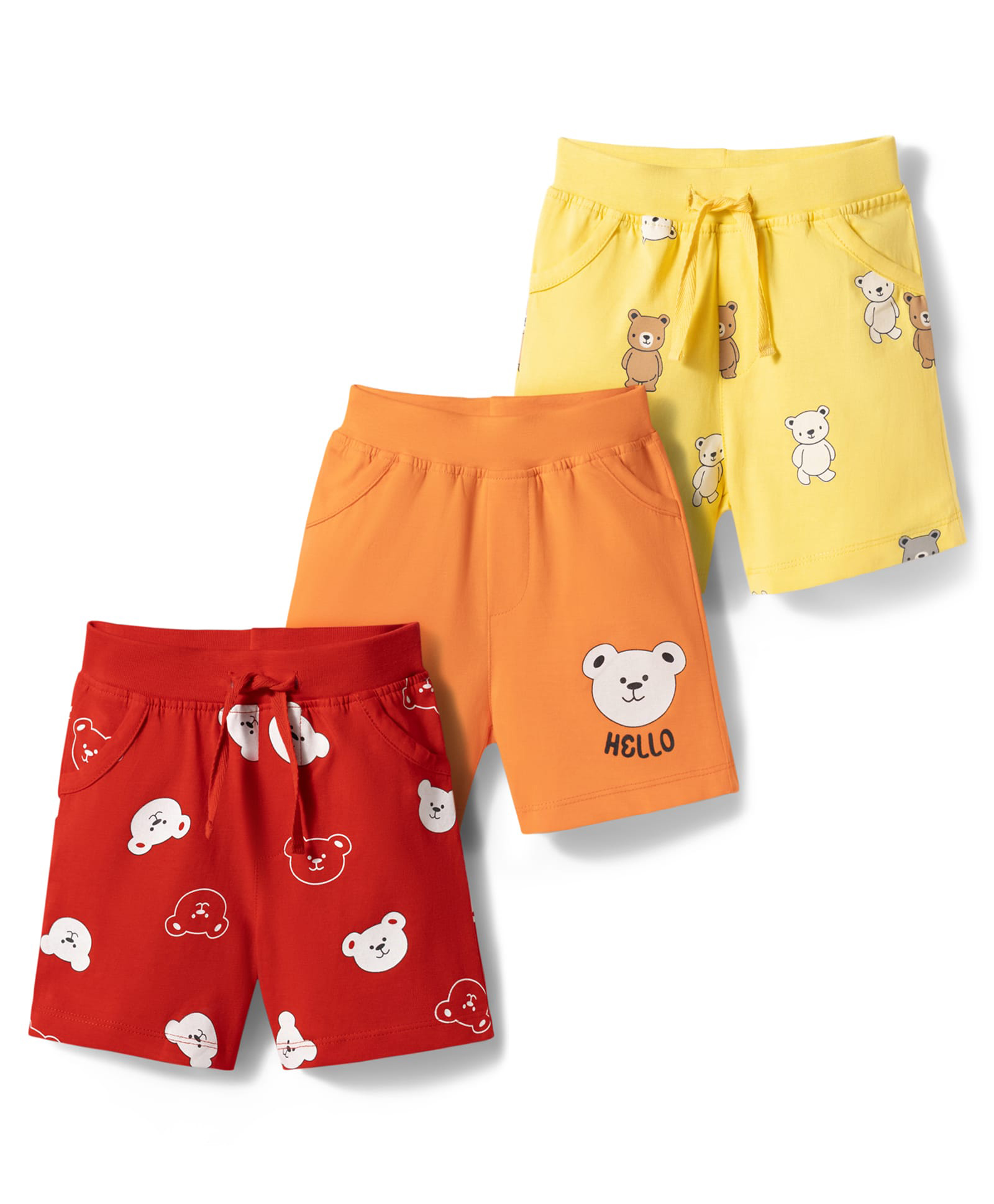 Doodle Poodle 100% Cotton Knit Knee Length Bear Printed Shorts Pack Of 3 - Red Yellow & Orange-picture-28