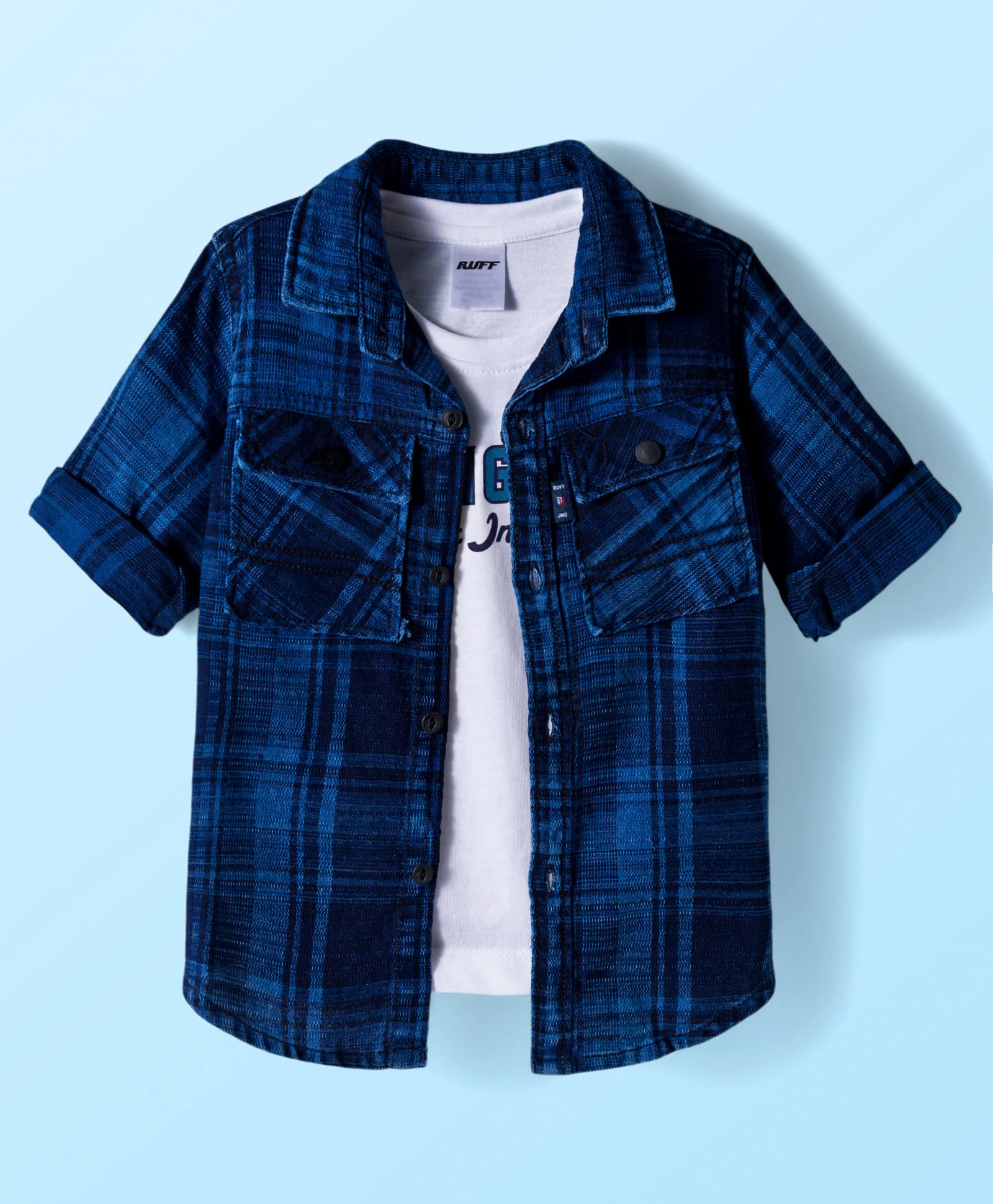 Ruff Denim Woven Half Sleeves Checkered Shirt with Text Printed T-Shirt - Navy Blue-image-25