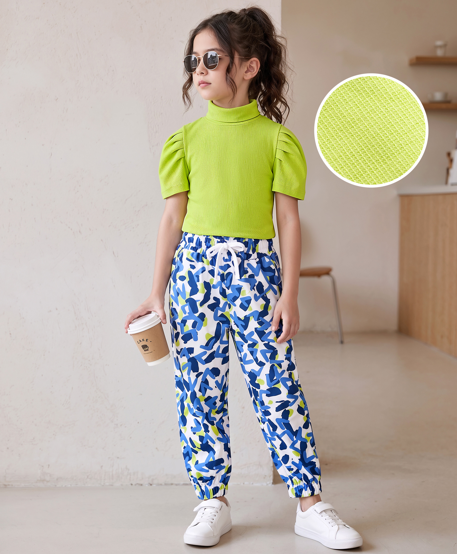 OLLINGTON ST. Cotton Knit Half Puffed Sleeve Solid Colour Top & Printed Joggers Set - Limegreen & Multicolour-image-21
