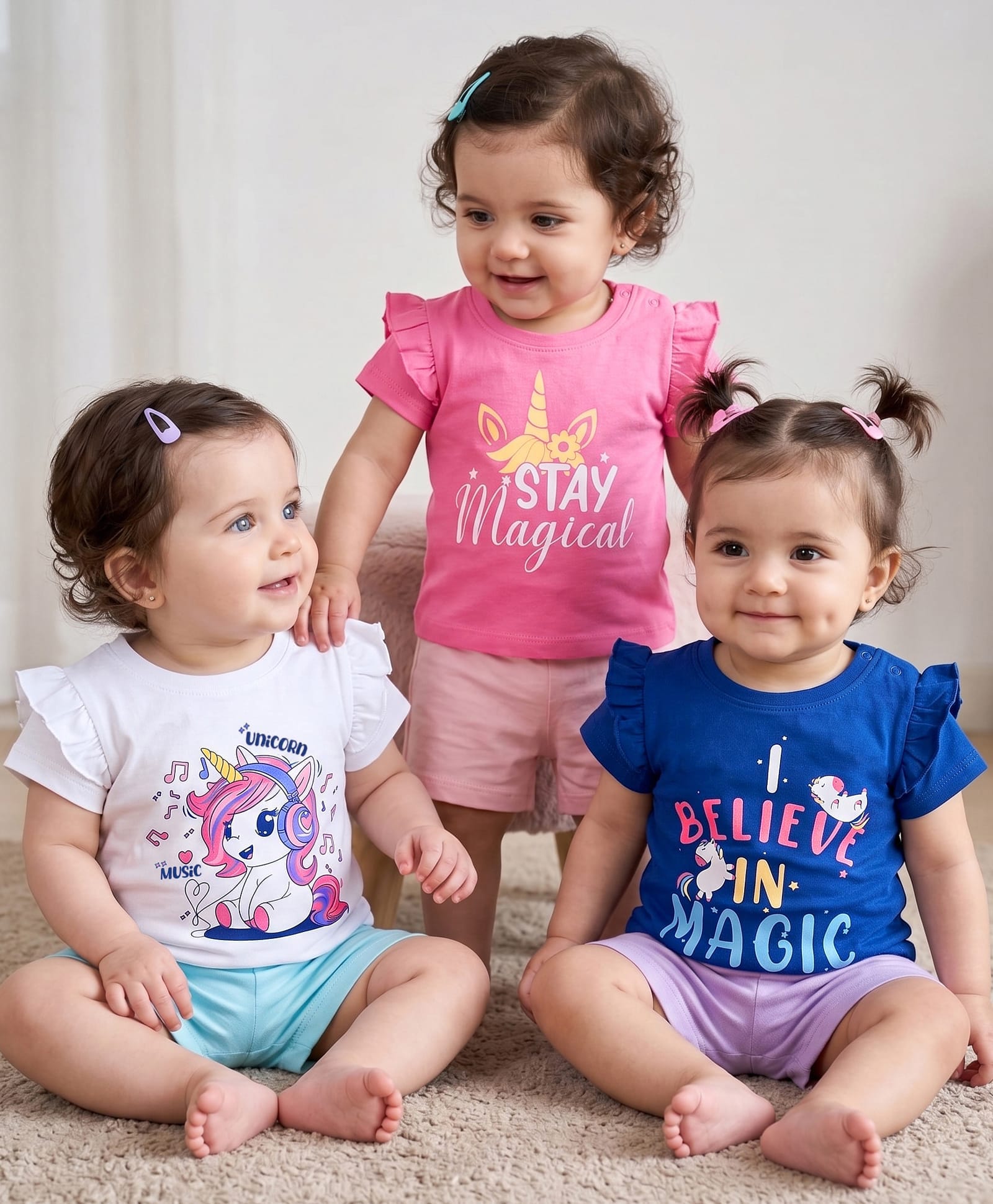 Doodle Poodle 100% Cotton Knit Half Sleeves Tops with Unicorn Print Pack of 3 - Navy Blue White & Pink-picture-20
