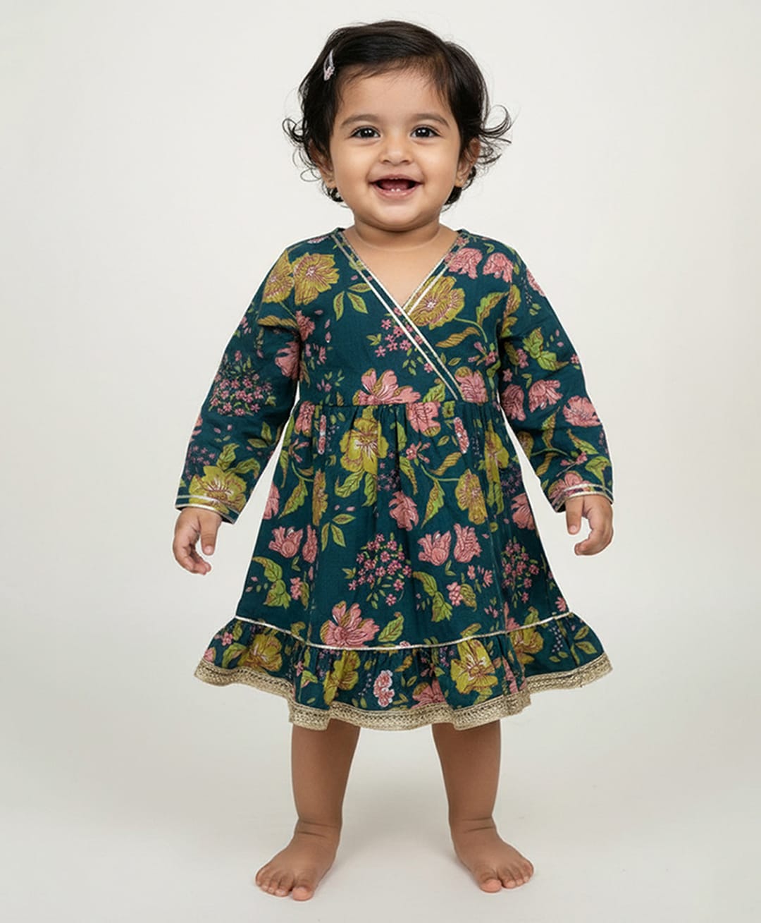 Baby Moo Cotton Woven Full Sleeves Floral Printed Lace Embellished Dress - Green-picture-34