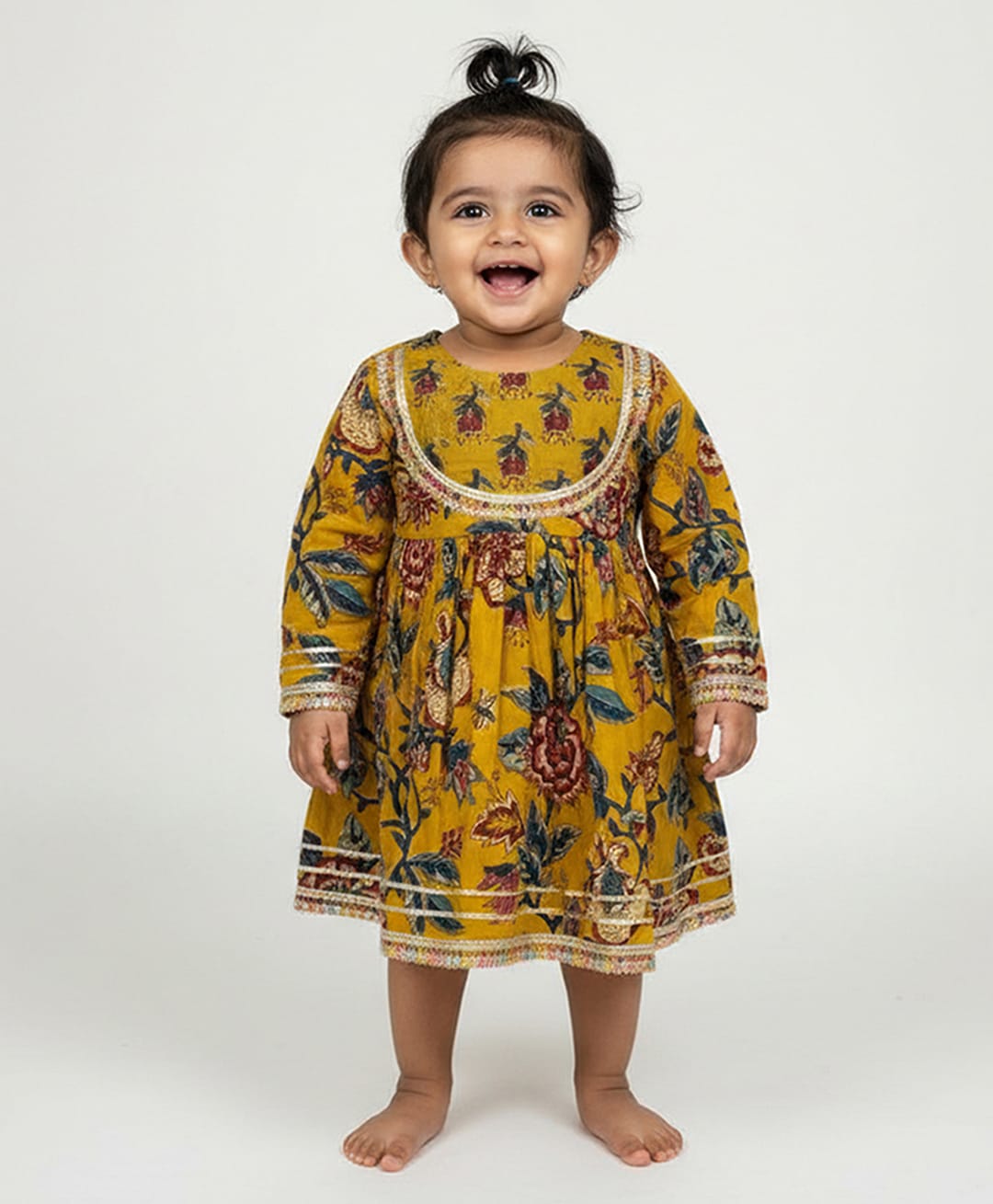 Baby Moo Cotton Woven Full Sleeves Floral Printed Dress - Yellow-picture-35