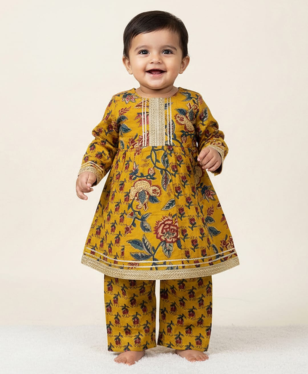 Baby Moo Cotton Woven Full Sleeves Floral Printed Lace Embellished Kurti & Pant Set - Mustard-picture-21
