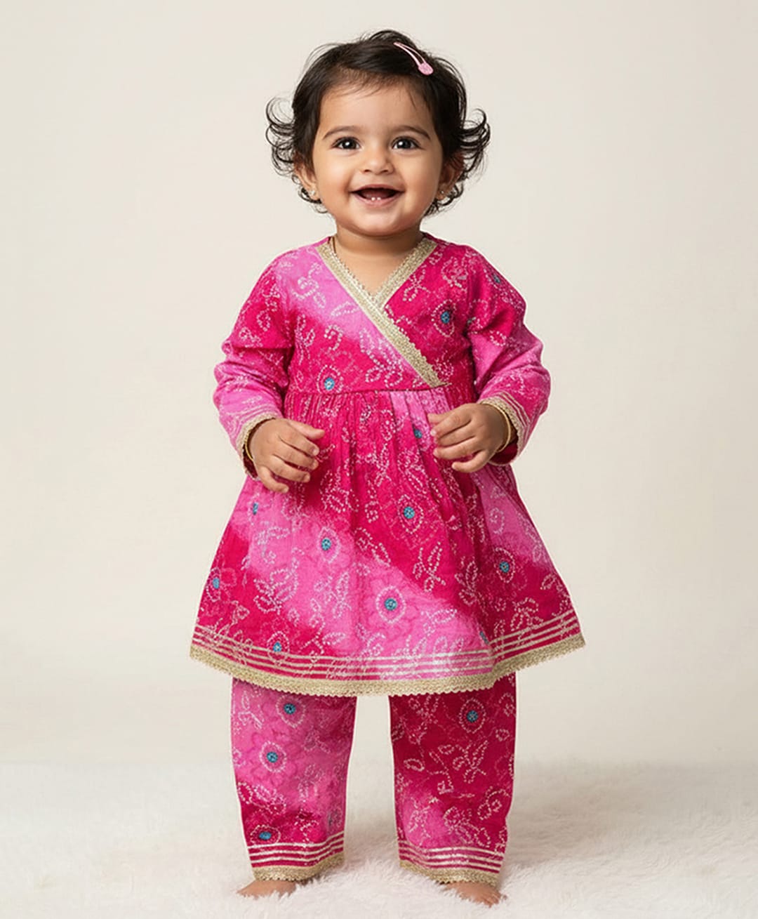 Baby Moo Cotton Woven Full Sleeves Bandhani Printed Lace Embellished Kurti & Pant Set - Pink-image-29