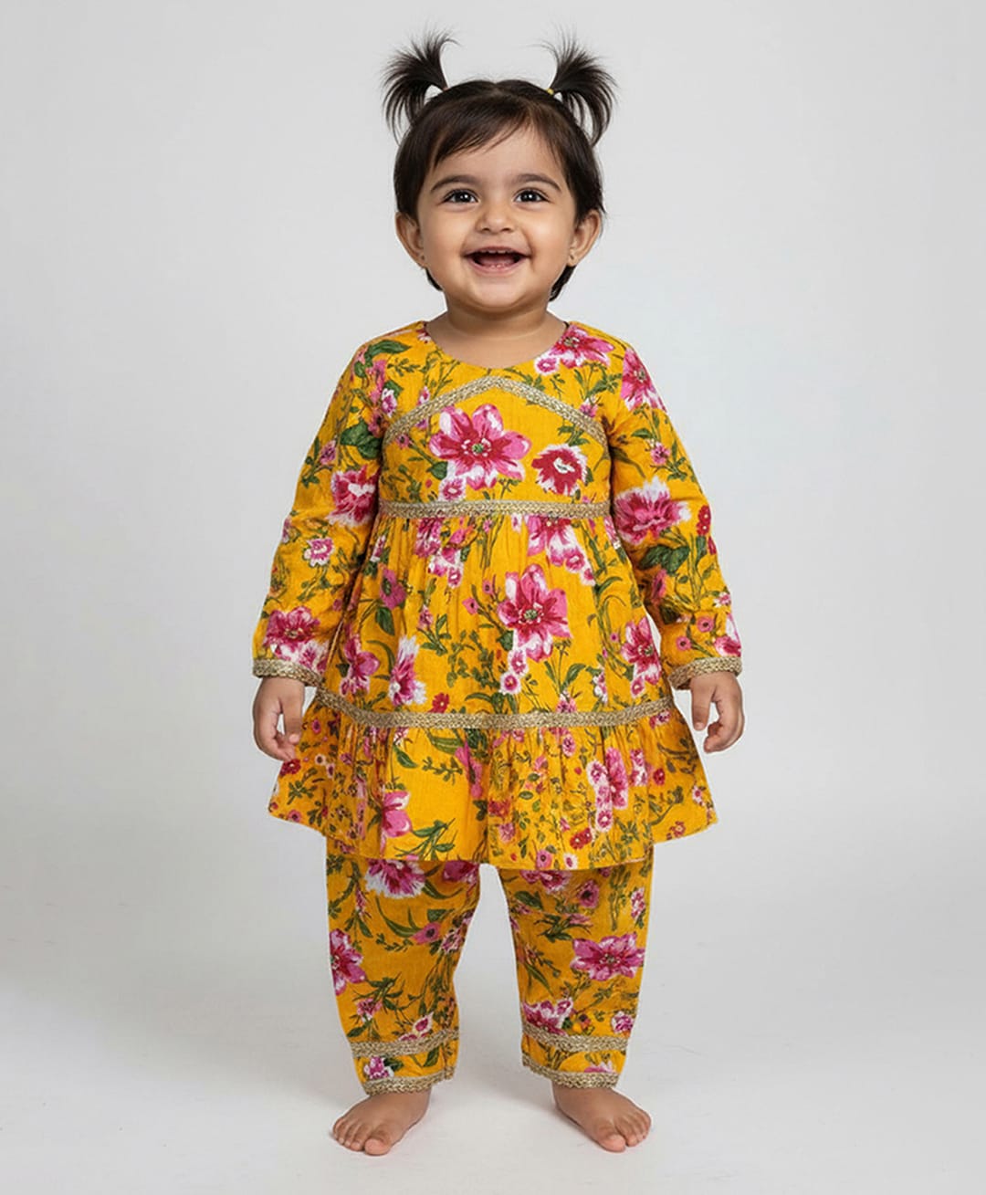 Baby Moo Cotton Woven Full Sleeves Floral Printed Kurta & Pant Set - Yellow-picture-29