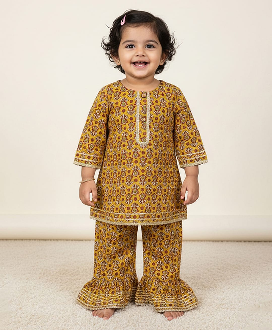Baby Moo Cotton Woven Three Fourth Sleeves Sunflower Printed Kurti & Sharara Set - Mustard-picture-28