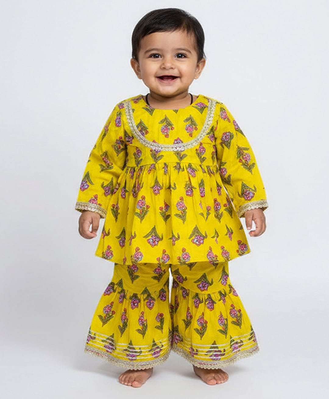 Baby Moo Cotton Woven Full Sleeves Floral Printed Kurti & Sharara Set - Lemon Yellow-image-43