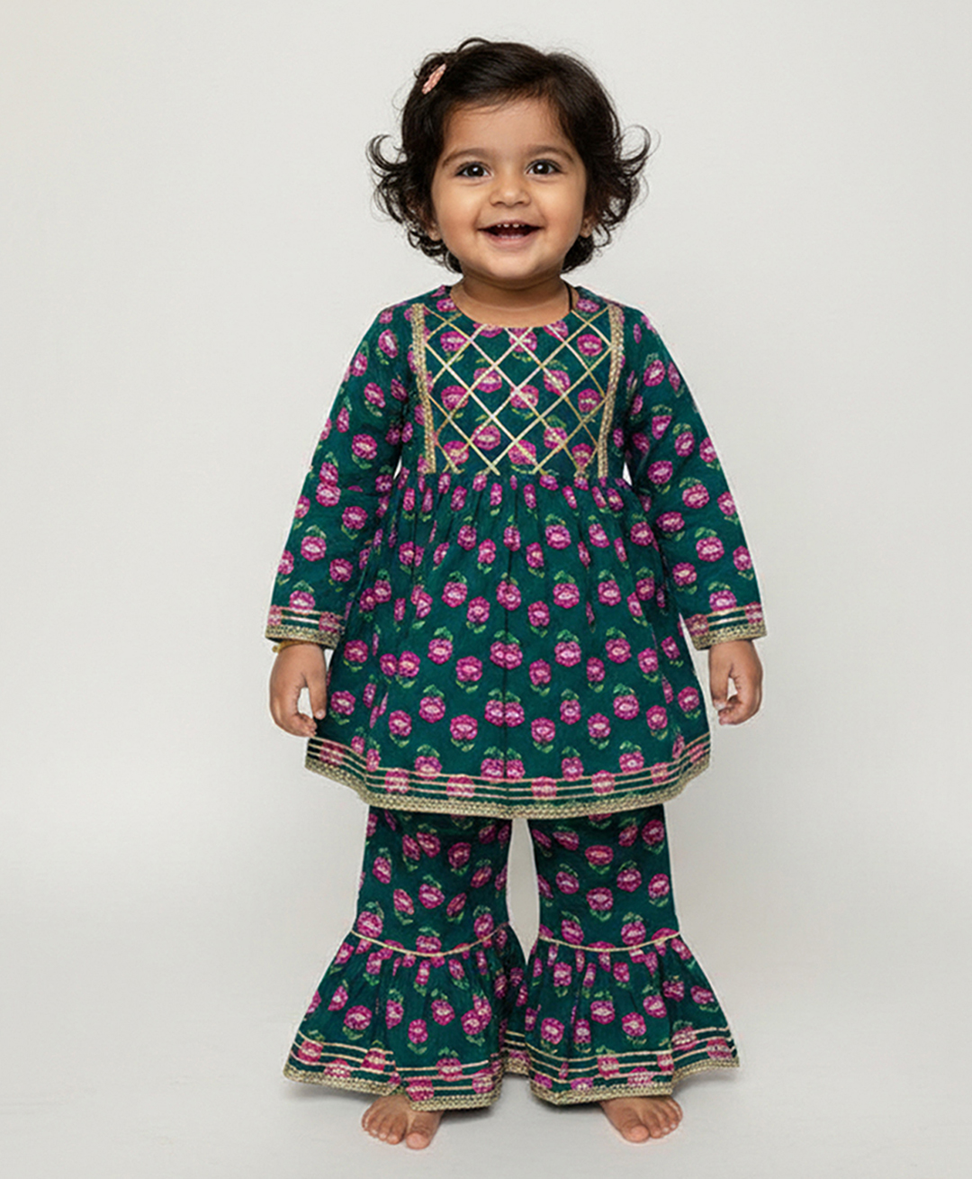 Baby Moo Cotton Woven Full Sleeves Floral Printed & Lace Embellished Kurti & Sharara Set - Green-picture-23