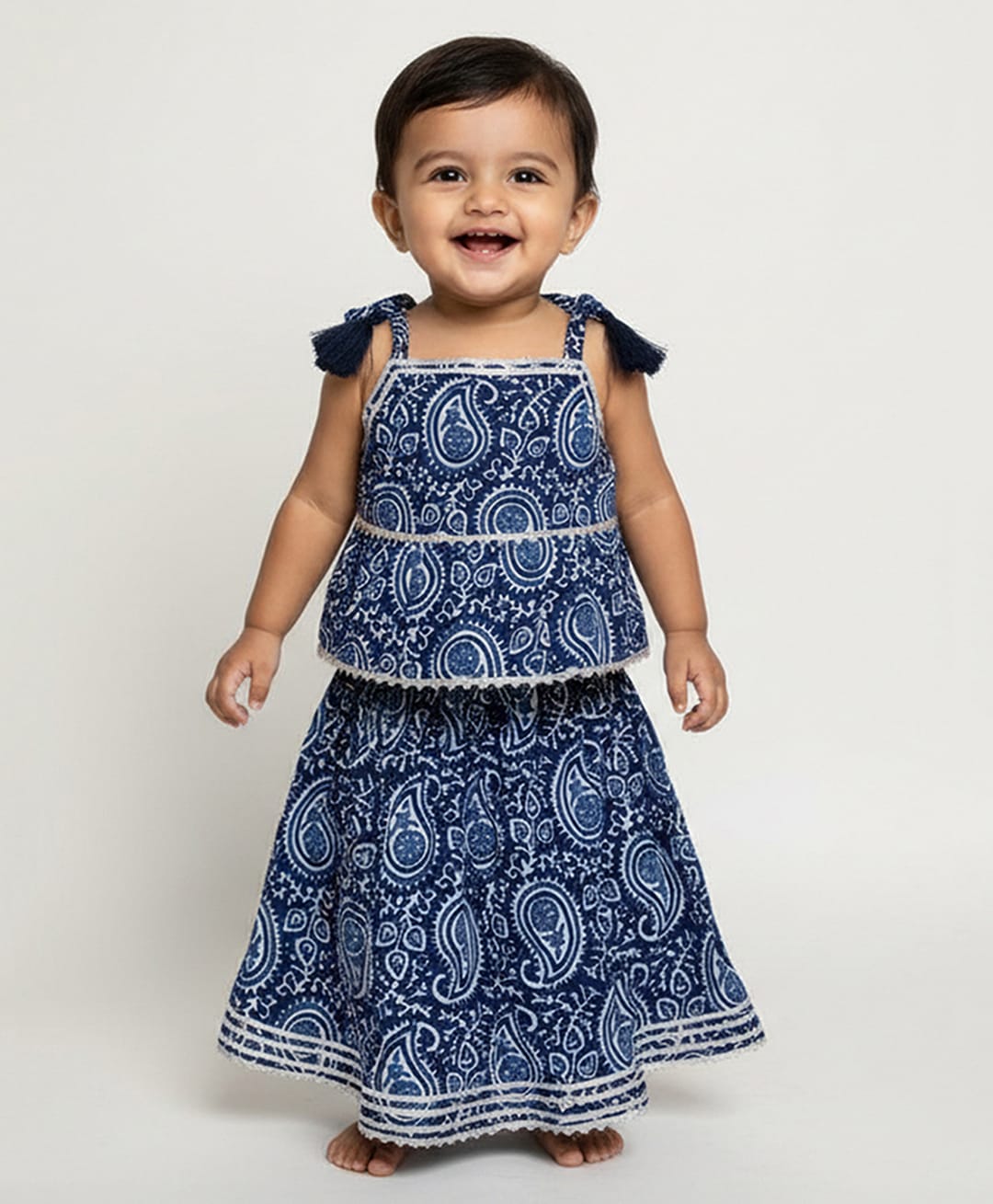Baby Moo Cotton Woven Sleeveless Paisley Printed Lehenga Choli Set - Blue-image-23