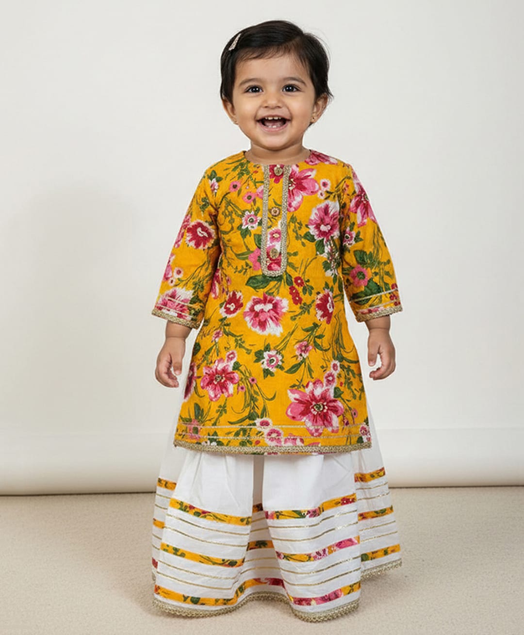 Baby Moo Cotton Woven Three Fourth Sleeves Floral Printed Lehenga & Kurti Set - Yellow-picture-20