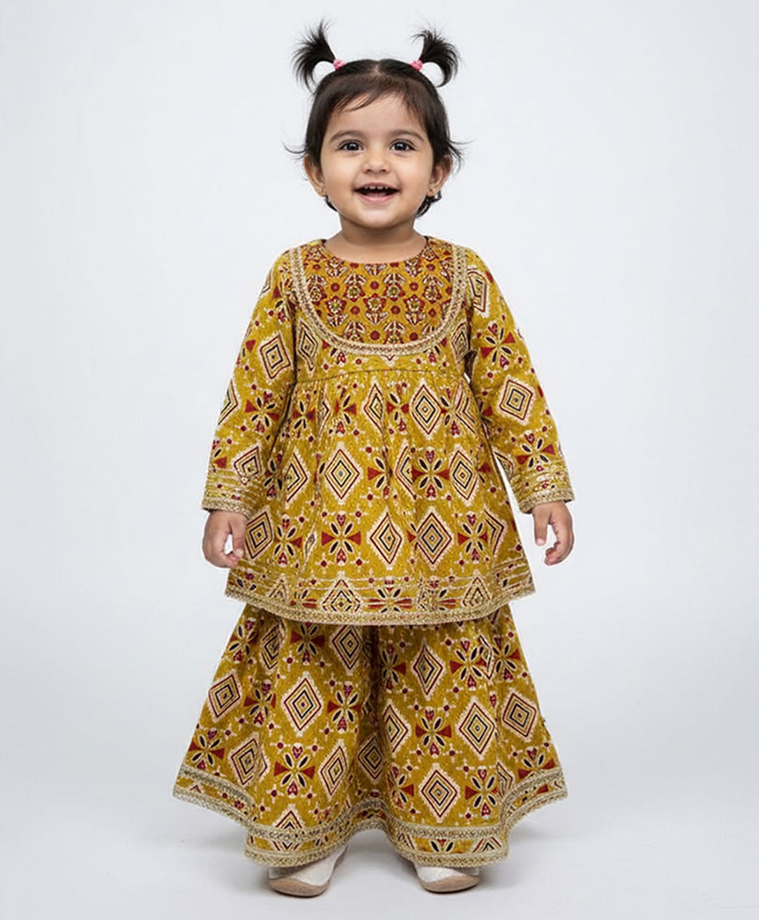 Baby Moo Cotton Woven Three Fourth Sleeves Geometric Printed Lehenga & Kurti Set - Mustard-picture-22