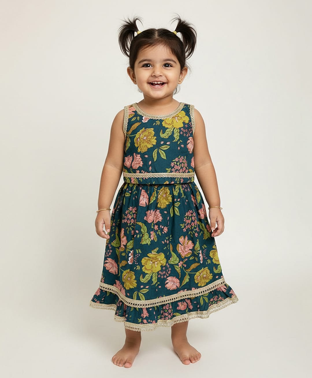 Baby Moo Cotton Woven Sleeveless Floral Printed Lehenga & Kurti Set - Green-picture-16