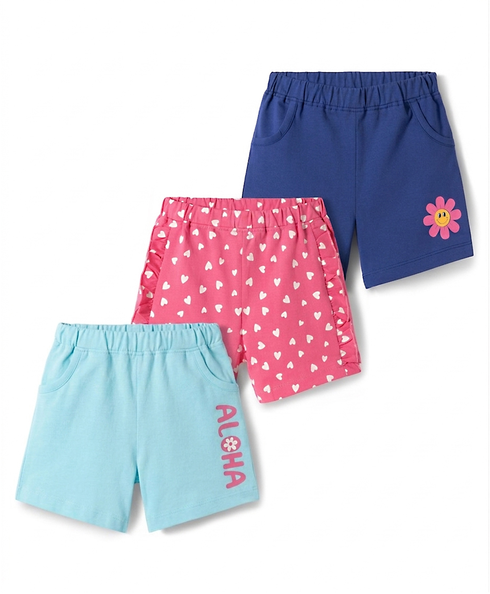 Doodle Poodle 100% Cotton Knit Knee Length Shorts with Heart Print & Bow Applique Pack of 3 - Pink Light & Navy Blue-picture-24