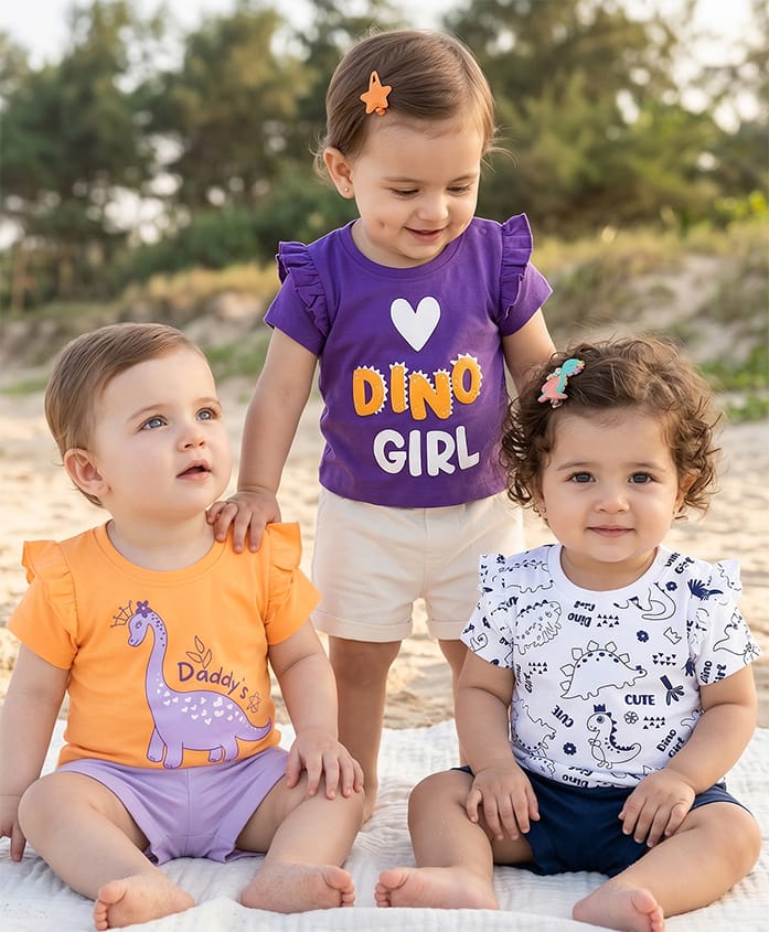 Doodle Poodle 100% Cotton Knit Half Sleeves Tops with Dino Print Pack of 3 - White Purple & Orange-image-22