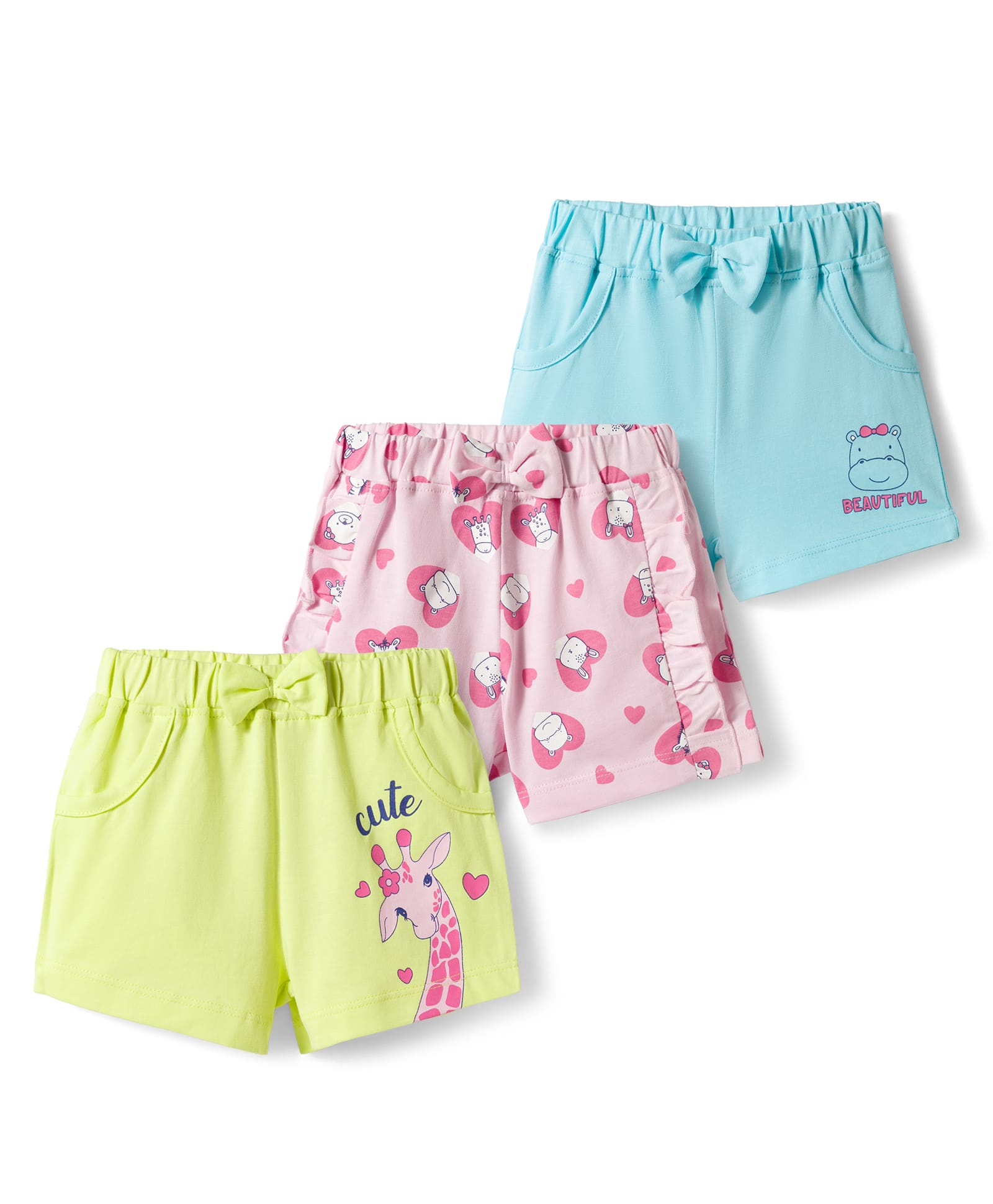 Doodle Poodle 100% Cotton Knit Knee Length Shorts with Giraffe Print & Bow Applique Pack of 3 - Pink Aqua Blue & Lime Green-picture-37