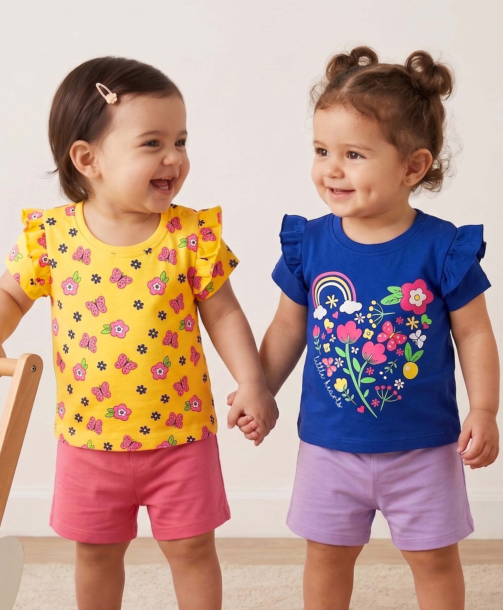 Doodle Poodle 100% Cotton Knit Half Sleeves Tops with Floral & Butterfly Print Pack of 2 - Navy Blue & Yellow-picture-8