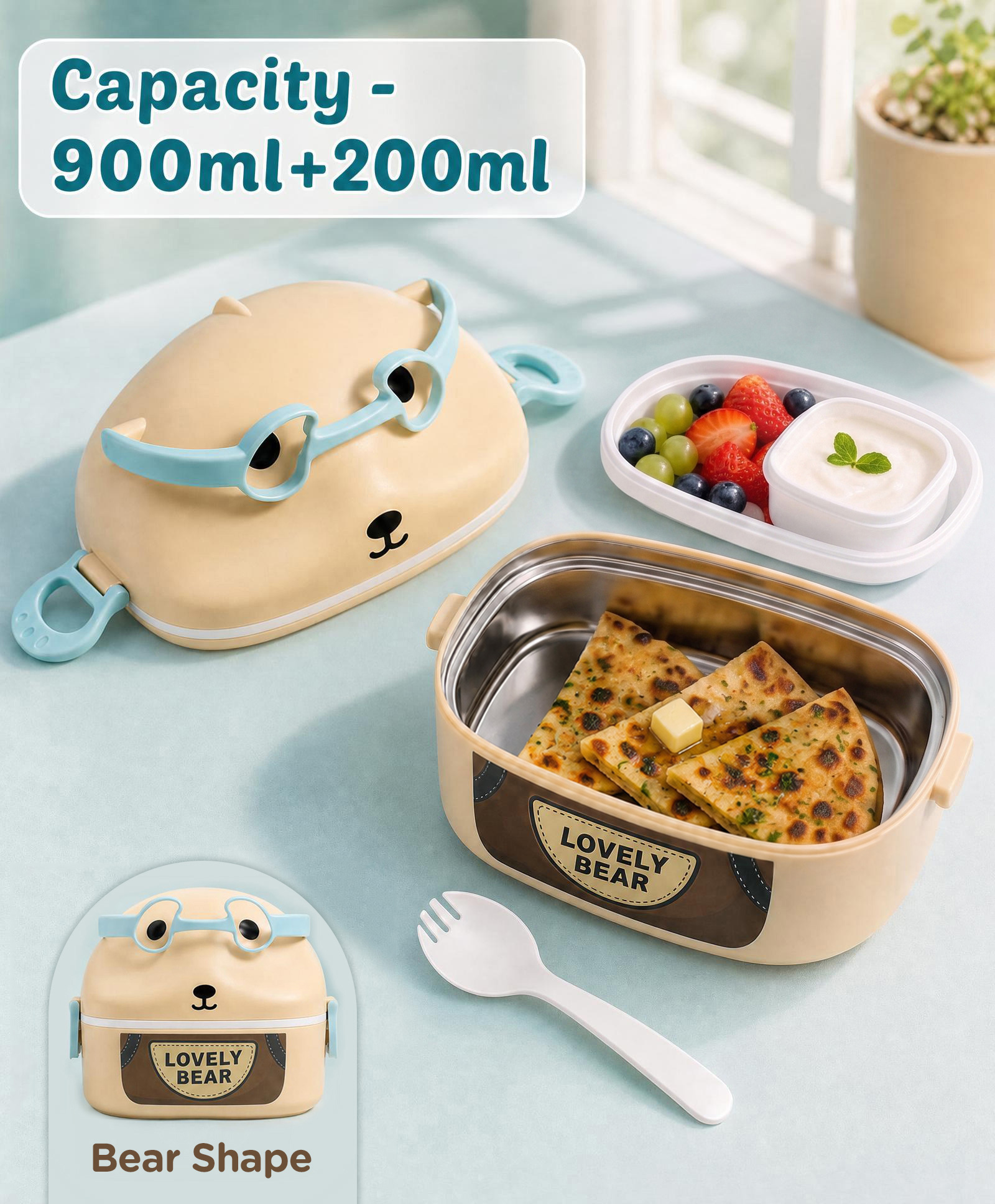 fab n funky Lovely Bear Insulated Stainless Steel Lunch Box-Brown|2 Compartment & 2 Seprate compartment| 900ml+200ml|Perfect for School & Outdoor-picture-26