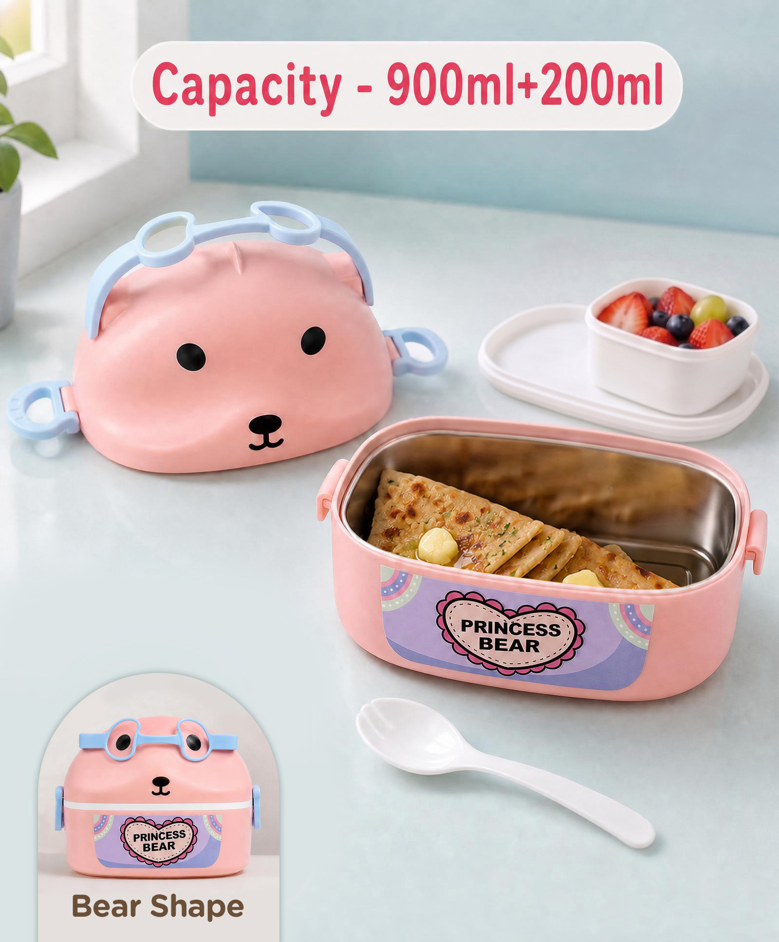 Princess Bear Insulated Stainless Steel Lunch Box-Pink 2 Compartment & 2 Seprate compartment 900ml+200ml Perfect for School & Outdoor-image-21