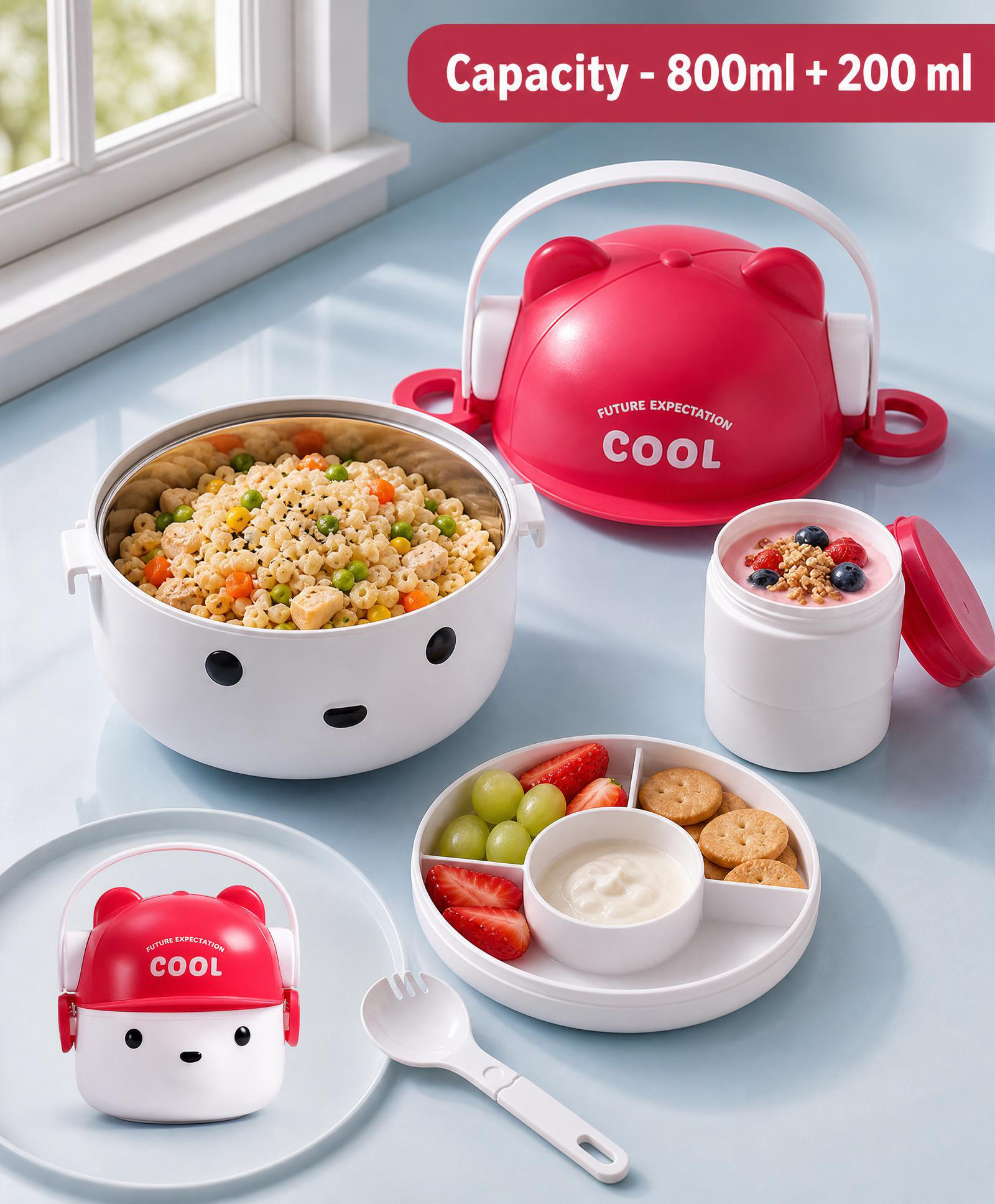 Cool Bear with Headphones Stainless Steel Lunch Box-Pink |800ml + 200 ml|1 Large Compartment with small container|Perfect for School & Outdoor