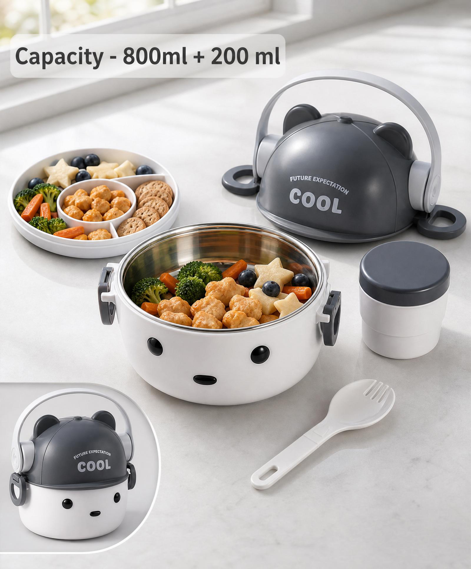 Cool Bear with Headphones Stainless Steel Lunch Box-Grey |800ml + 200 ml|1 Large Compartment with small container|Perfect for School & Outdoor-image-48