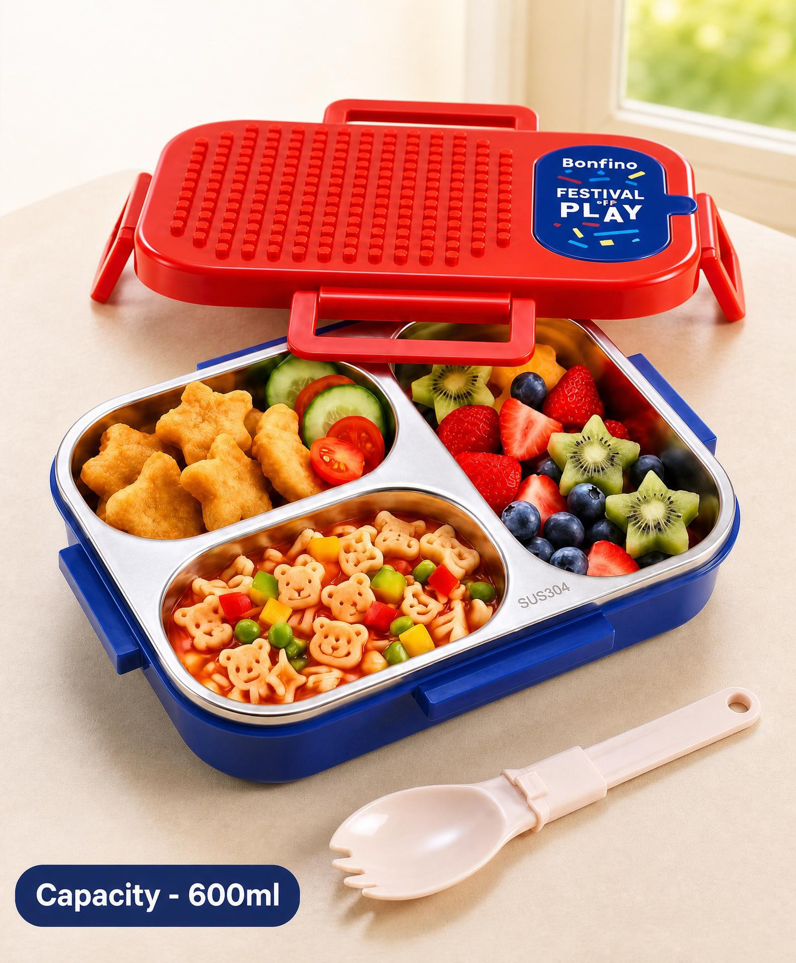 Bonfino Kids Stainless Steel 3 Compartment Lunch Box 600ml - Red | Leak-Resistant | Smart Spoon Slot | Foldable Spoon Cum Fork | BPA-Free | Ideal for School, Picnic & Travel| Building Block Top-image-3