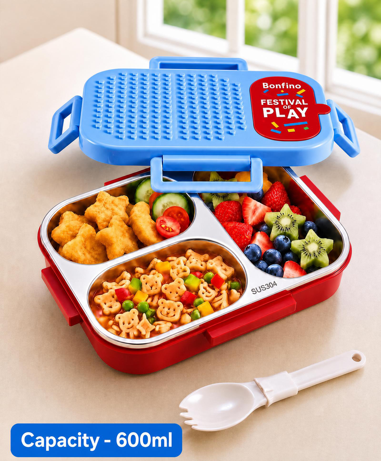 Bonfino Kids Stainless Steel 3 Compartment Lunch Box 600ml - Blue| Leak-Resistant | Smart Spoon Slot | Foldable Spoon Cum Fork | BPA-Free | Ideal for School, Picnic & Travel| Building Block Top-image-13