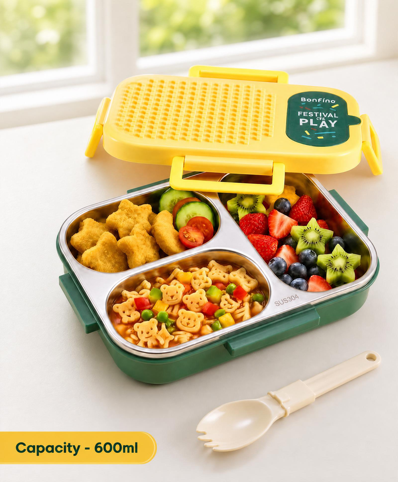 Bonfino Kids Stainless Steel 3 Compartment Lunch Box 600ml - Yellow | Leak-Resistant | Smart Spoon Slot | Foldable Spoon Cum Fork | BPA-Free | Ideal for School, Picnic & Travel| Building Block Top-image-4