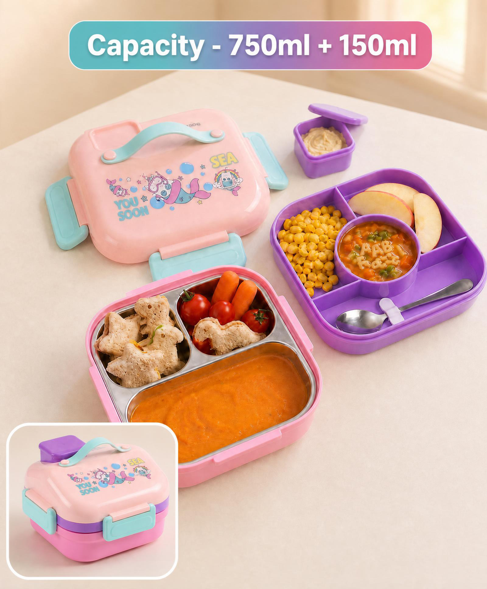Bonfino Kids Insulated House Shape Stainless Steel Lunch Box 750ml + 150ml - Pink | 3 Compartments with Multi-Section Tray| Dip Container| Spoon with Smart Slot| BPA-Free | School & Travel Friendly-picture-18