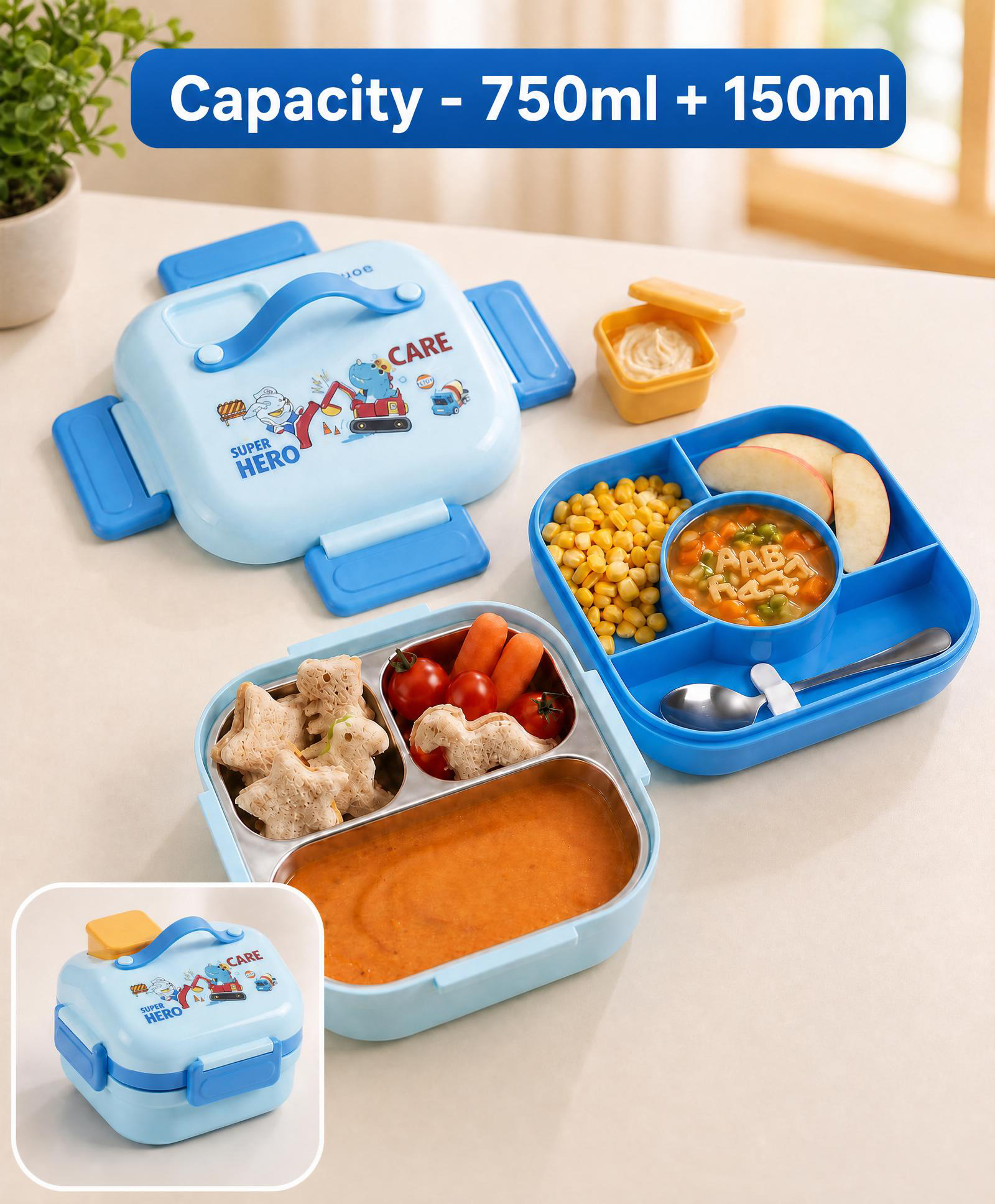 Bonfino Kids Insulated House Shape Stainless Steel Lunch Box 750ml + 150ml - Blue | 3 Compartments with Multi-Section Tray| Dip Container| Spoon with Smart Slot| BPA-Free | School & Travel Friendly-picture-21