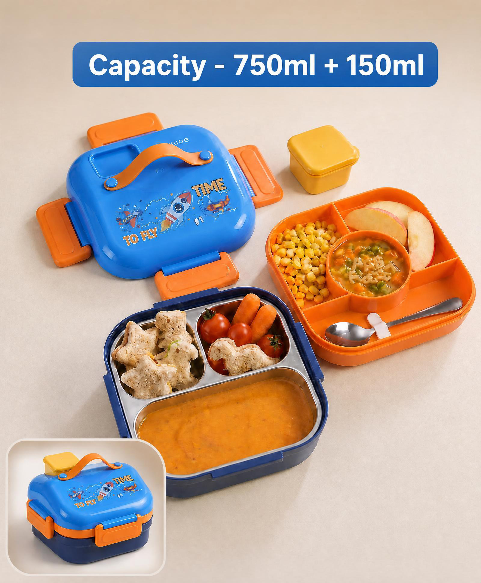 Bonfino Kids Insulated House Shape Stainless Steel Lunch Box 750ml + 150ml - Dark Blue| 3 Compartments with Multi-Section Tray| Dip Container| Spoon with Smart Slot|BPA-Free | School & Travel Friendly-image-12