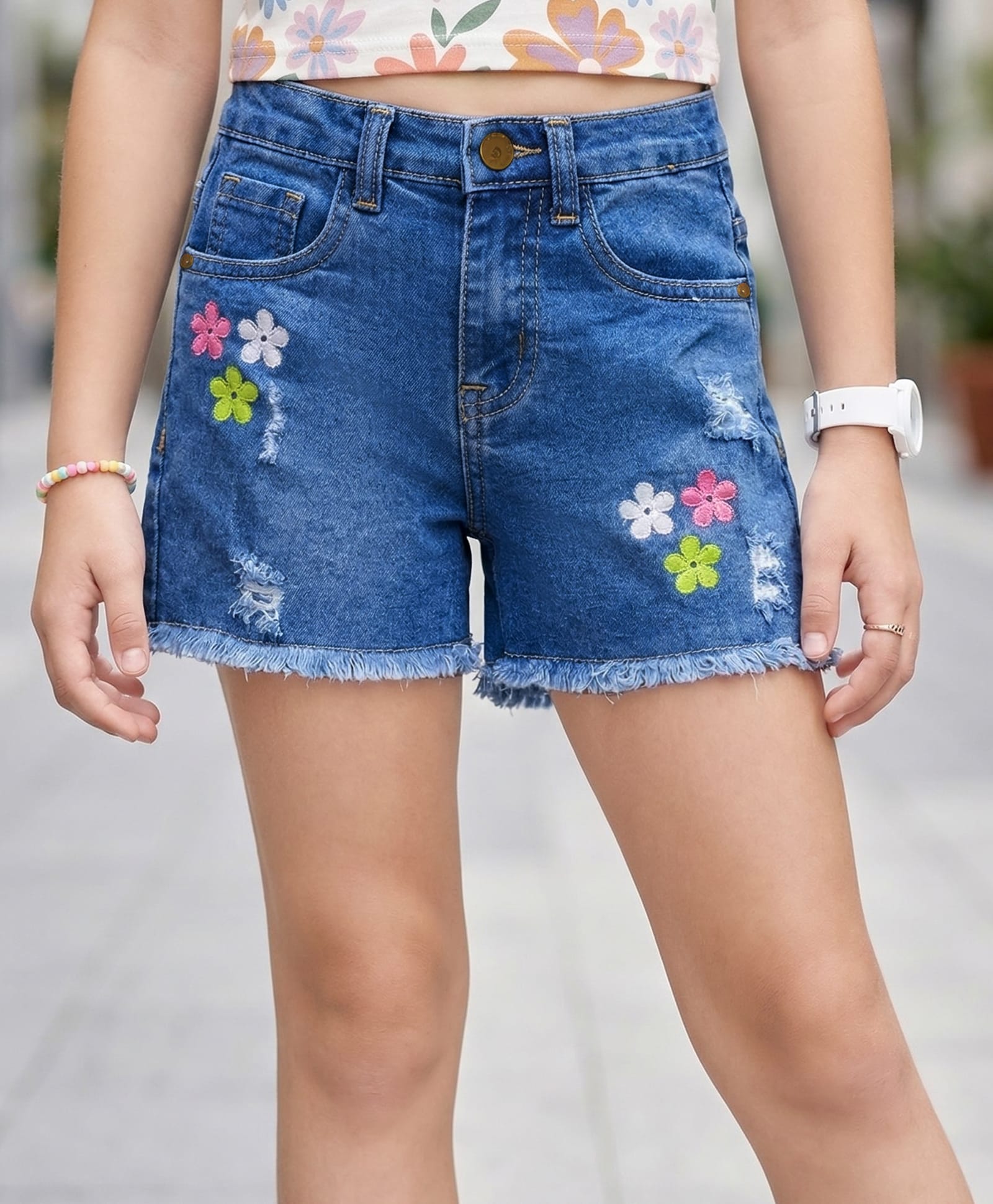 Pine Kids Cotton Woven Knee Length Shorts With Floral Embroidery - Navy Blue-picture-26