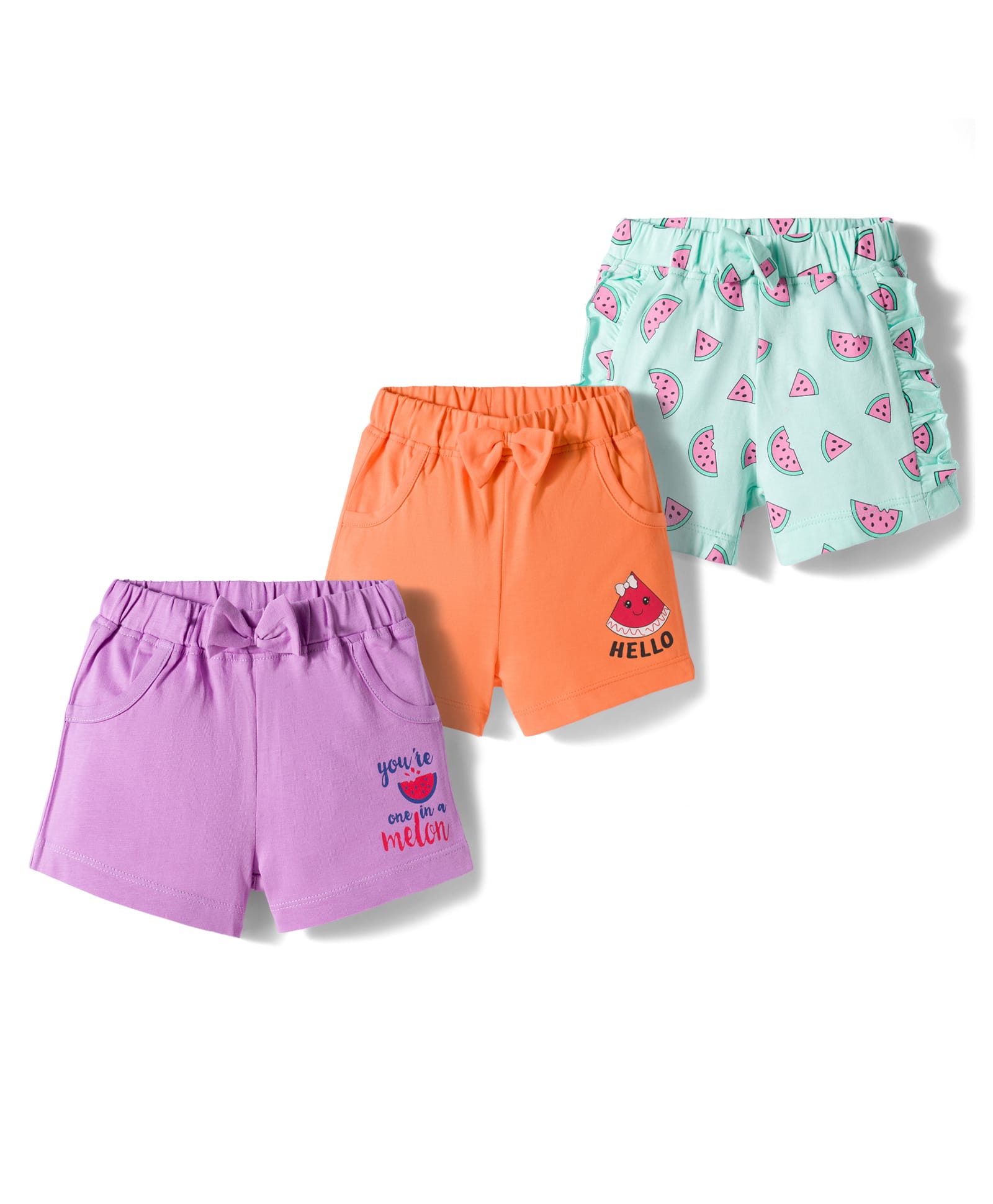 Doodle Poodle 100% Cotton Knit Knee Length Shorts with Watermelon Print & Bow Applique Pack of 3 - Orange Violet & Aqua Blue-picture-22
