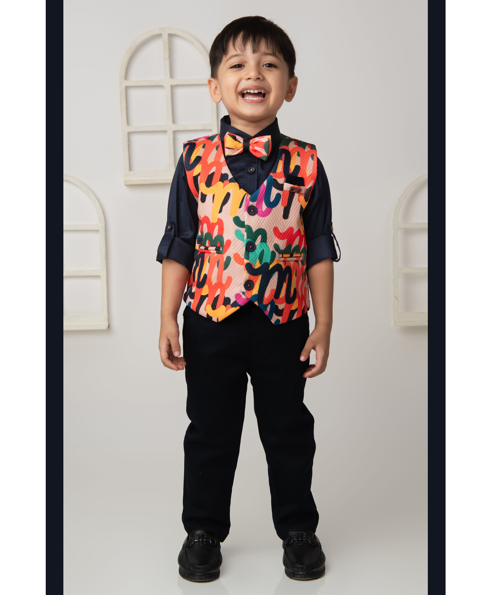 LITTLE COLLARS Blended Woven Full Sleeves Solid Shirt & Pant Set With Abstract Printed Waistcoat & Bow - Blue-image-42