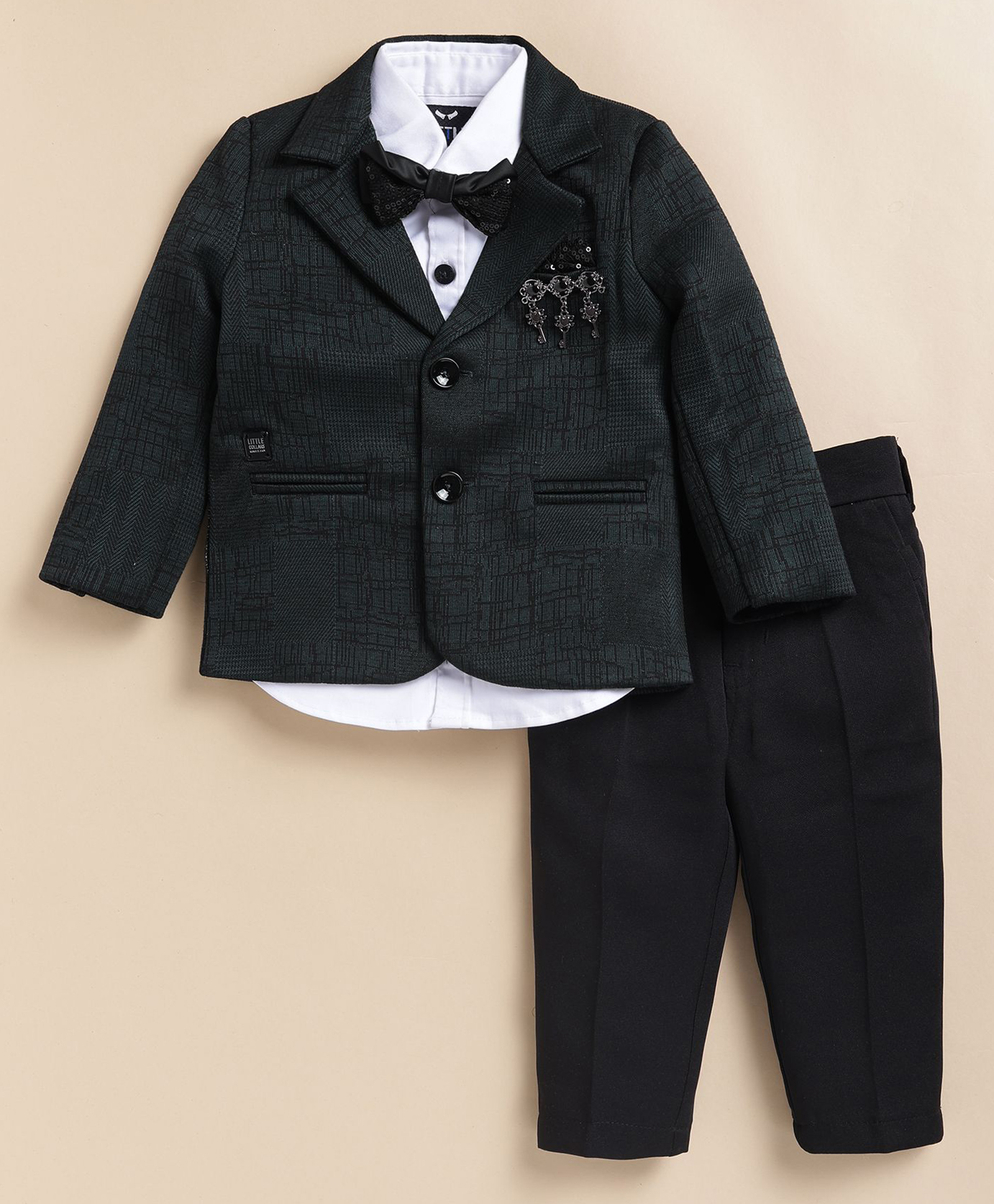 LITTLE COLLARS Blended Jaquard Woven Full Sleeves Abstract Embroidered 3 Piece Party Suit Set With Bow - Olive Green-image-28