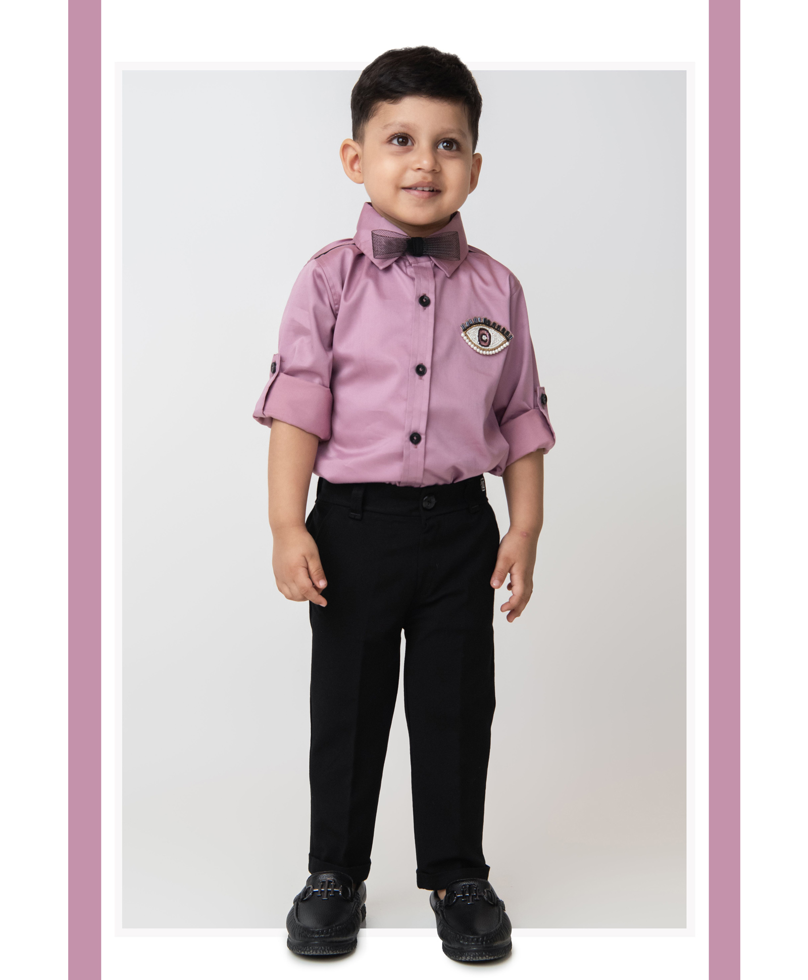 LITTLE COLLARS Blended Woven Full Sleeves Beads & Pearl Embellished Eye Patch Designed Shirt & Pant Set With Bow - Lavender-picture-32