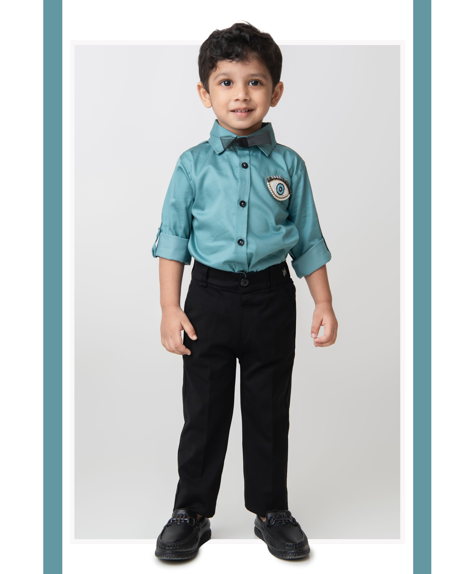 LITTLE COLLARS Blended Woven Full Sleeves Beads & Pearl Embellished Eye Patch Designed Shirt & Pant Set With Bow - Teal-image-8
