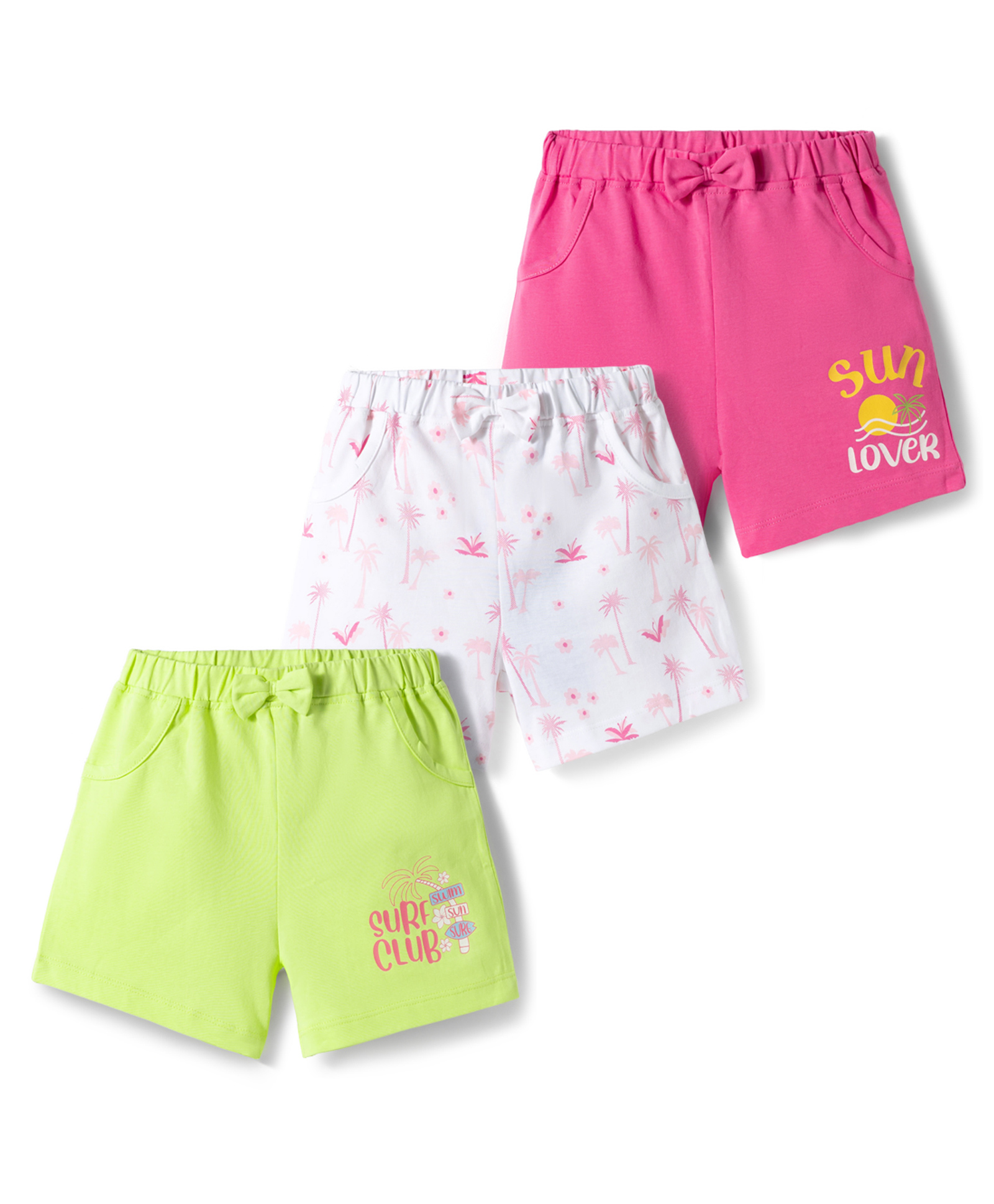 Doodle Poodle 100% Cotton Knit Knee Length Beach Theme Printed Shorts With Bow Applique Pack Of 3 - Pink White & Lime Green-image-22