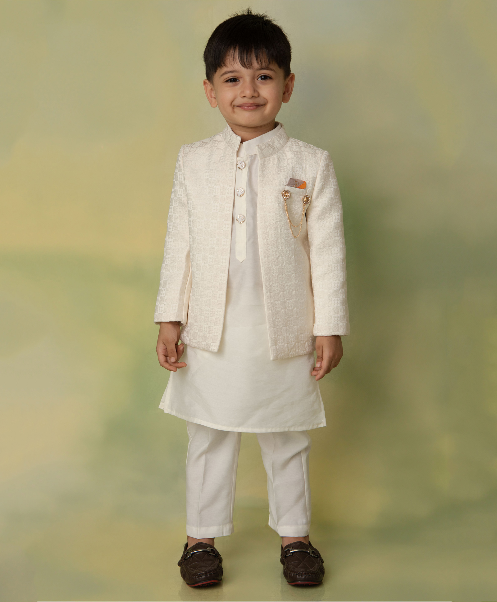 LITTLE COLLARS Brocade Woven Full Sleeves Solid Kurta & Pant Set With Textured Sherwani - Cream-picture-22