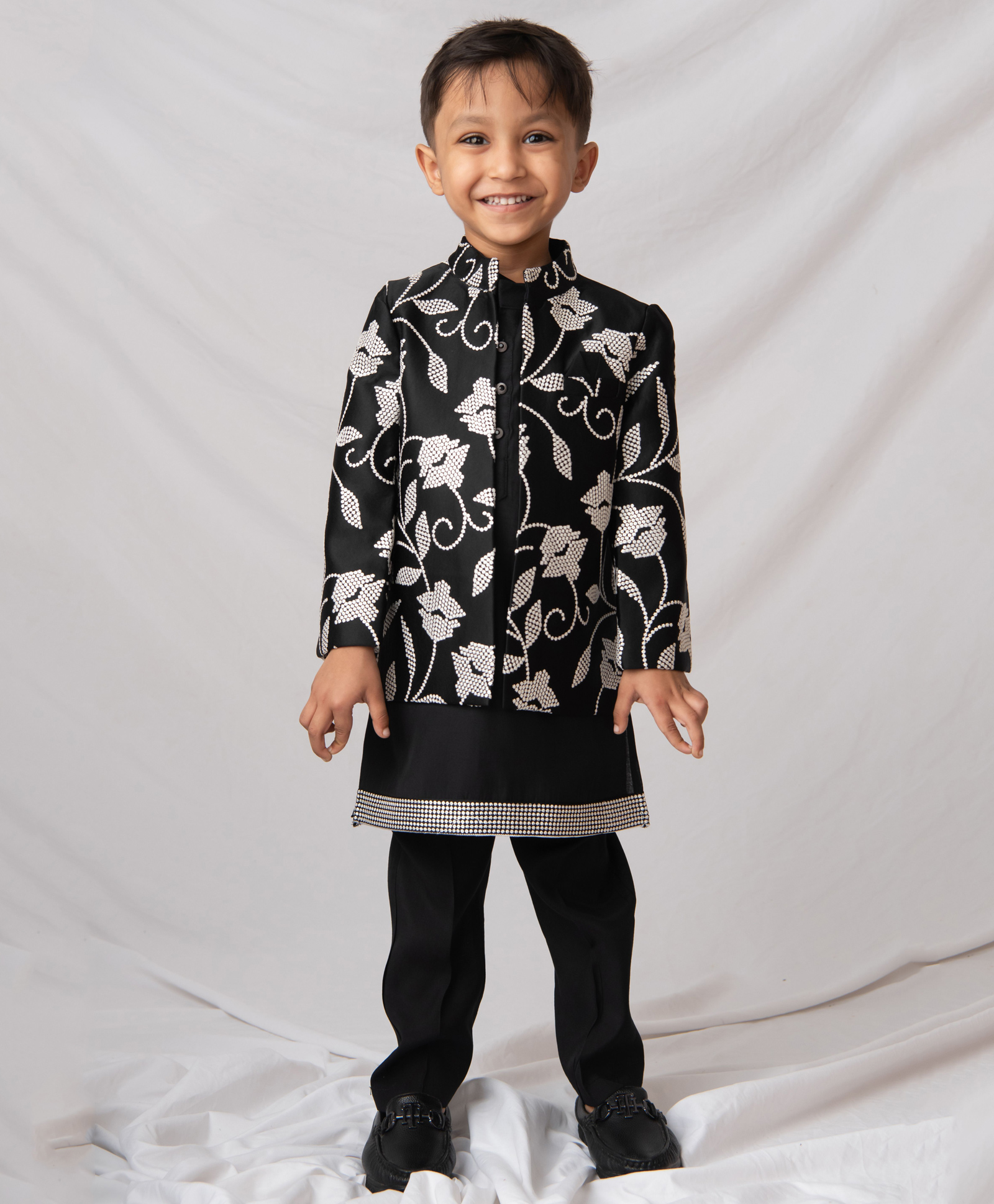 LITTLE COLLARS Blended Silk Woven Full Sleeves Floral Embroidered Jacket With Kurta & Pyjama Set - Black