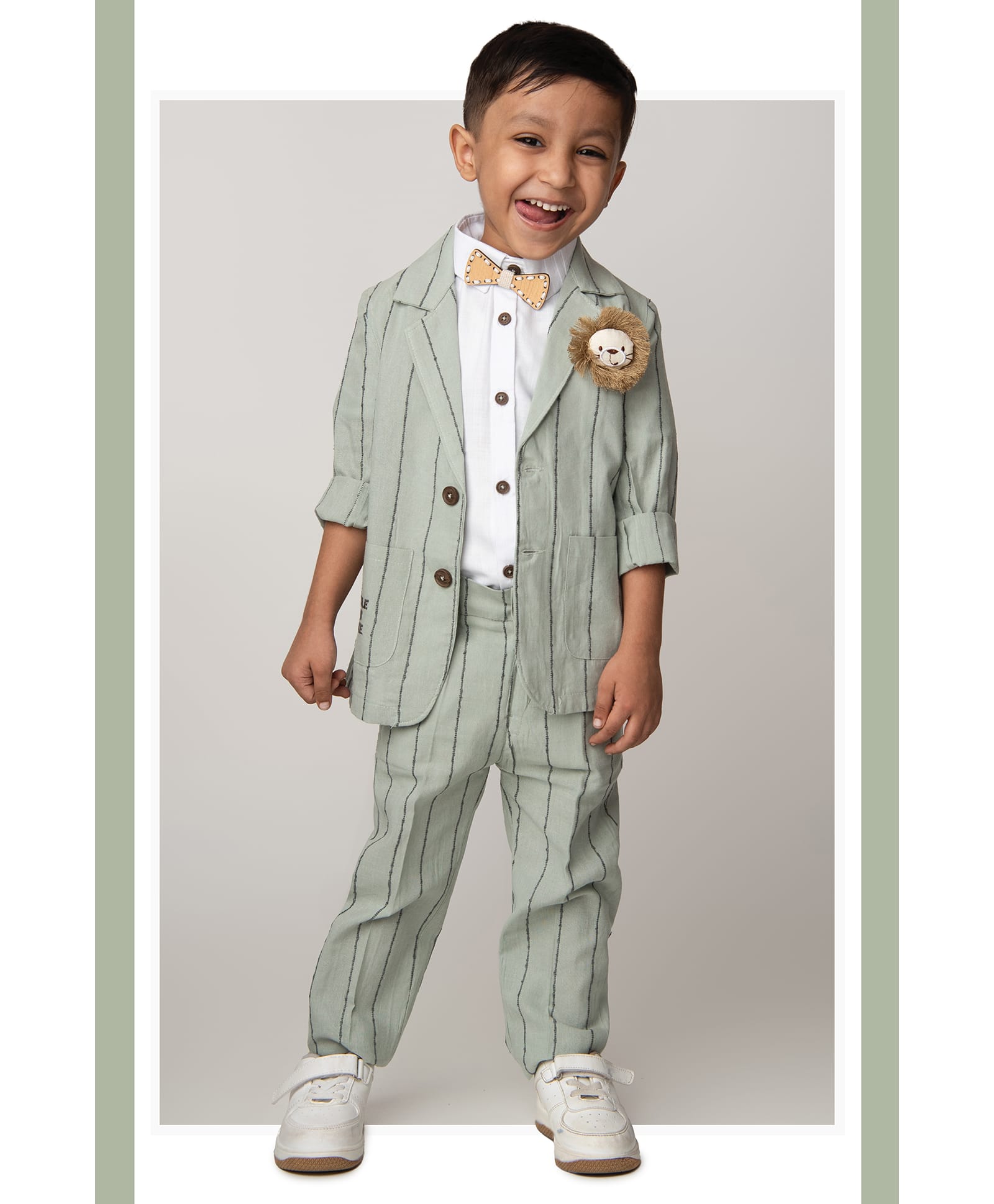 LITTLE COLLARS Cotton Woven Full Sleeves Striped Coordinating Blazer & Pant With Shirt Set - Green-picture-18