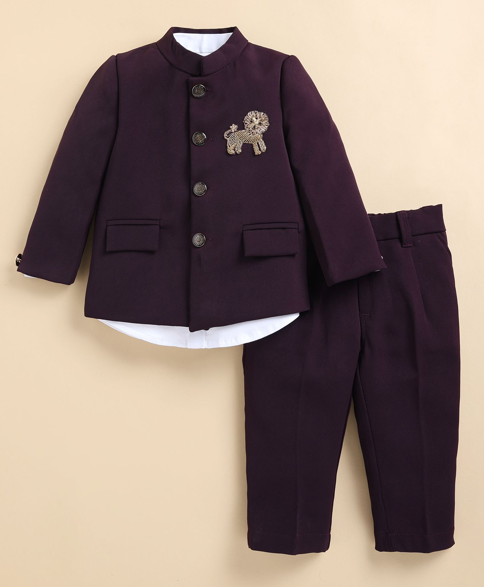 LITTLE COLLARS Terry Woven Full Sleeves Lion Embroidered 3 Piece Party Suit Set - Wine-picture-20