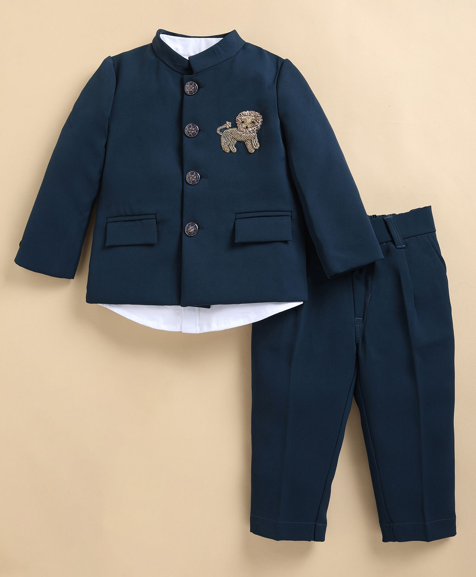LITTLE COLLARS Terry Woven Full Sleeves Lion Embroidered 3 Piece Party Suit Set - Blue-picture-24